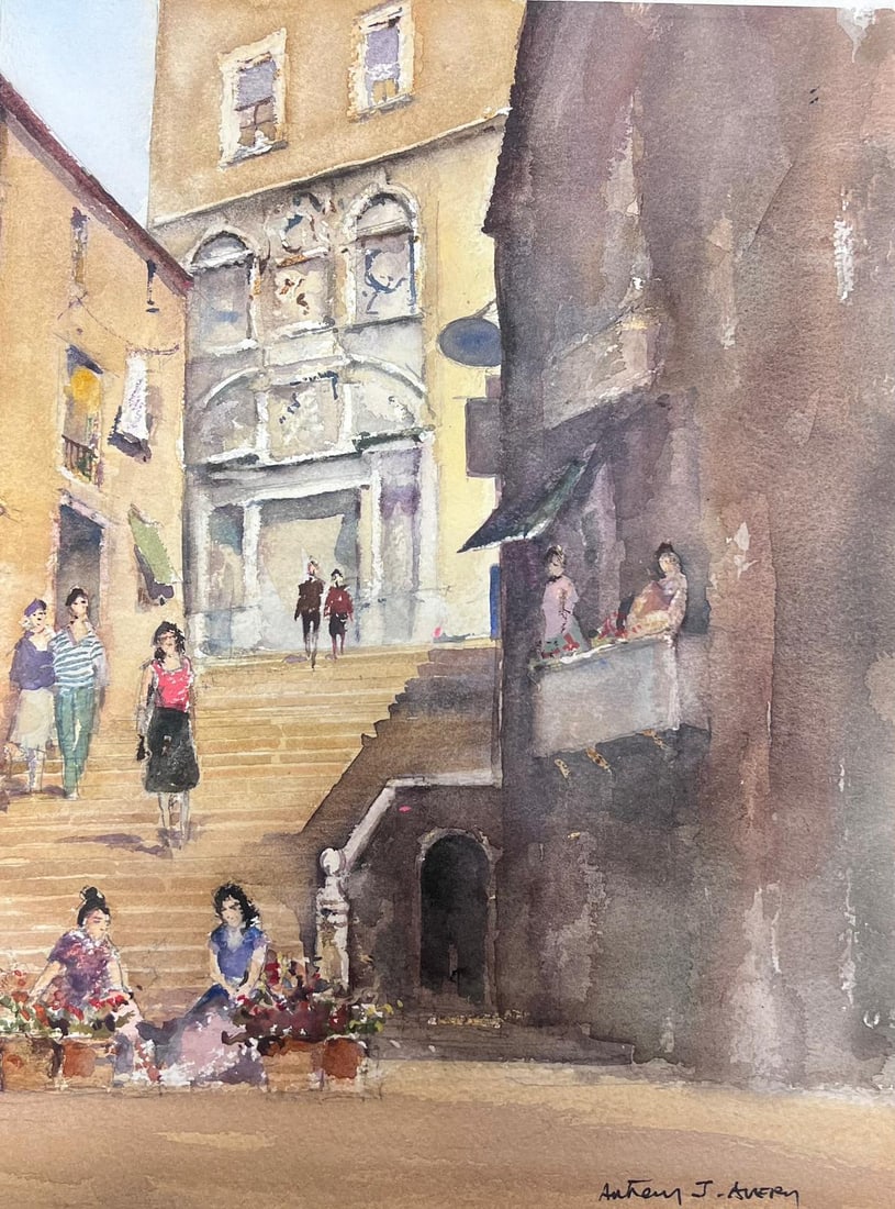 Fine British Original Impressionist Watercolor Flower Sellers At Town Steps (1 of 7)