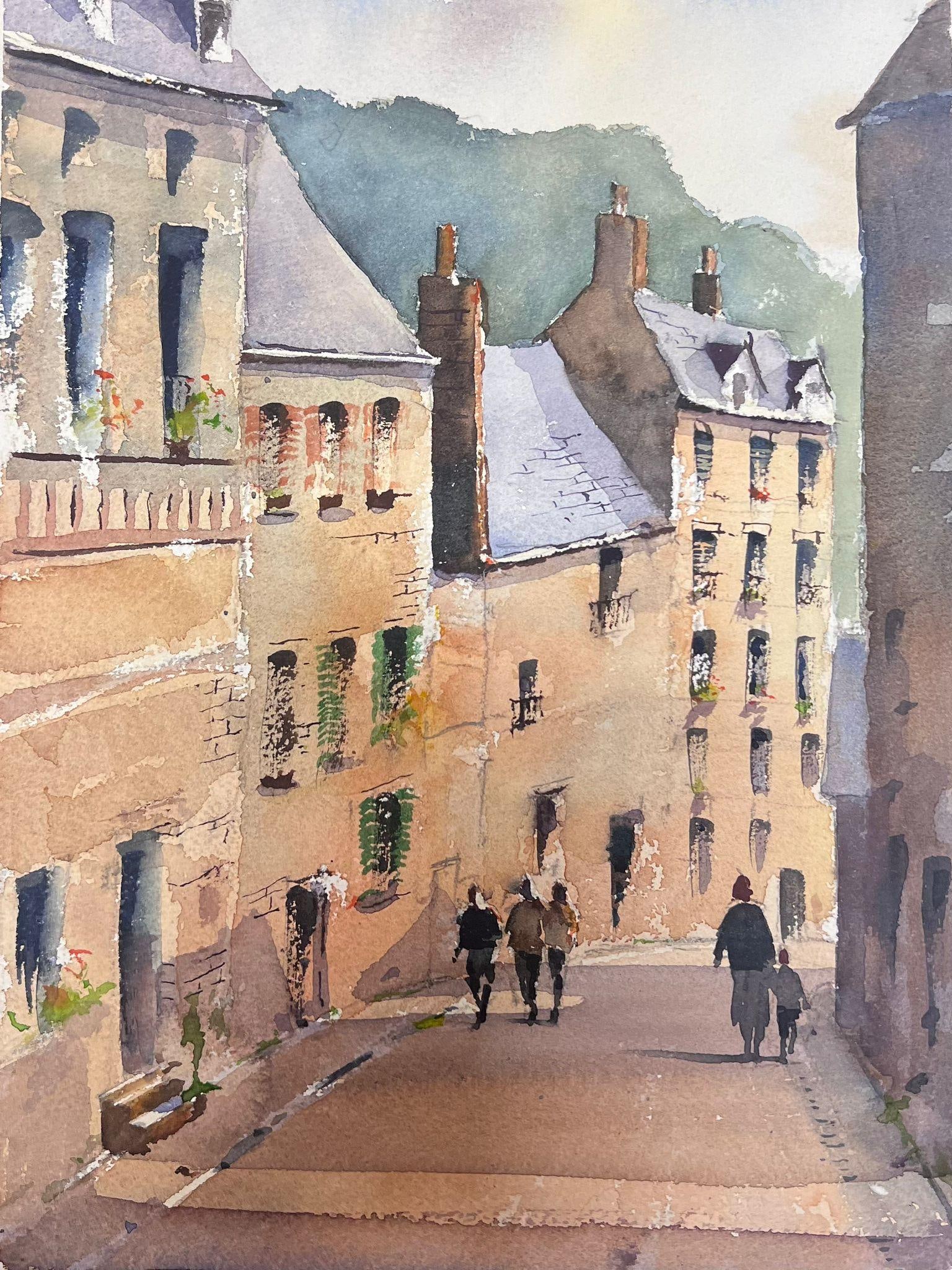 Fine Original Impressionist Watercolor Figures Walking Down English Street (1 of 6)