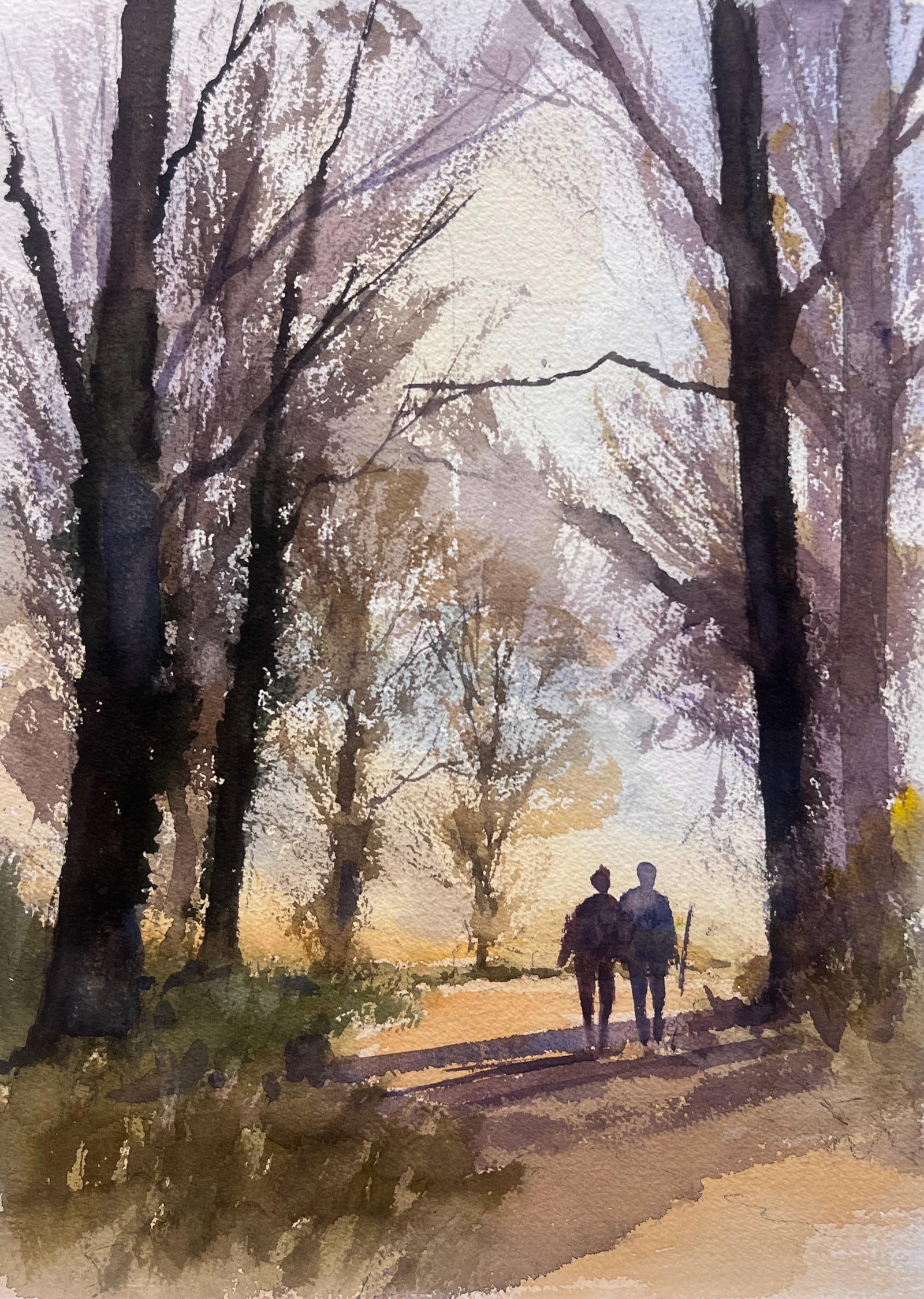 British Original Impressionist Watercolor Figures Walking Woodland Pathway Dusk: British Original Impressionist Watercolor Figures Walking Woodland Pathway Dusk by Anthony Avery (British 1946-2023). Original watercolor on artists paper, unframed. Paper dimensions: 15 x 11 inches. 