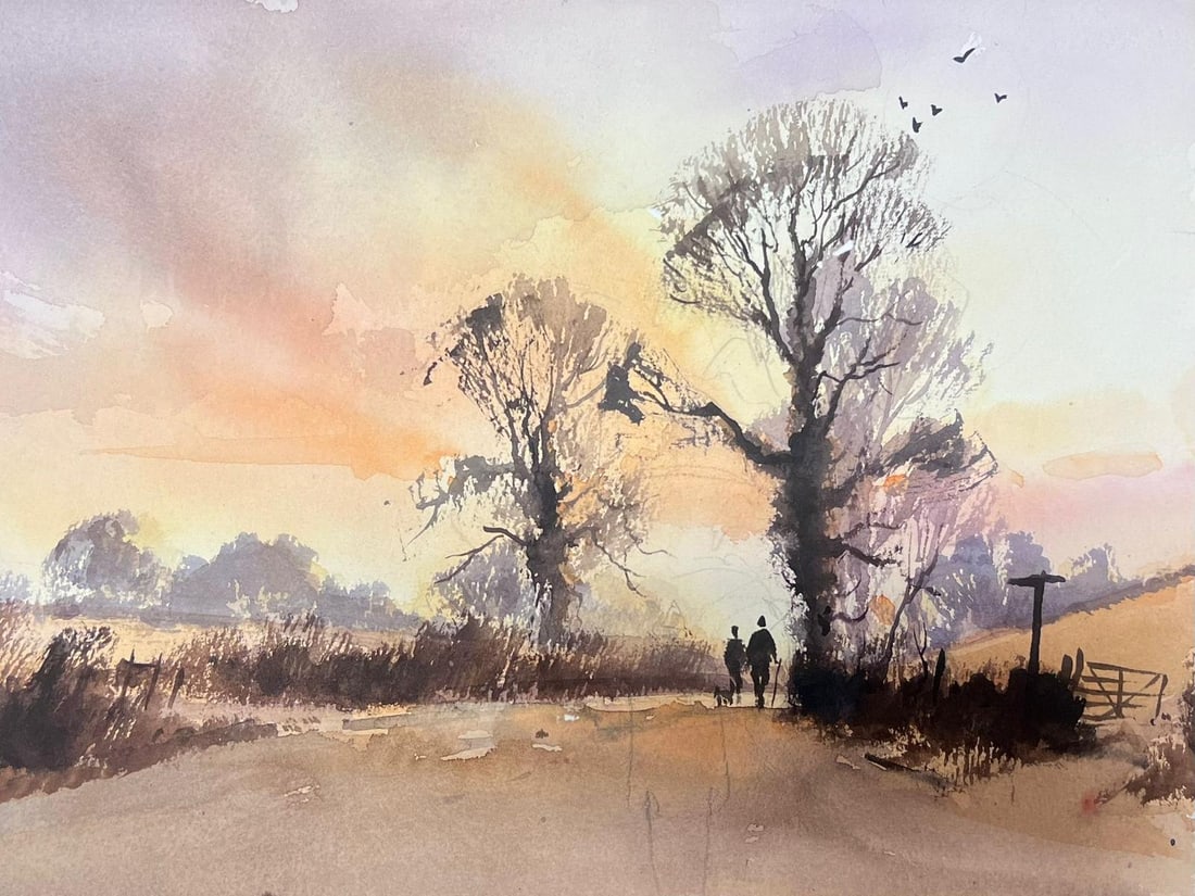 Fine British Original Impressionist Watercolor Figures In Sunset Meadow (1 of 6)