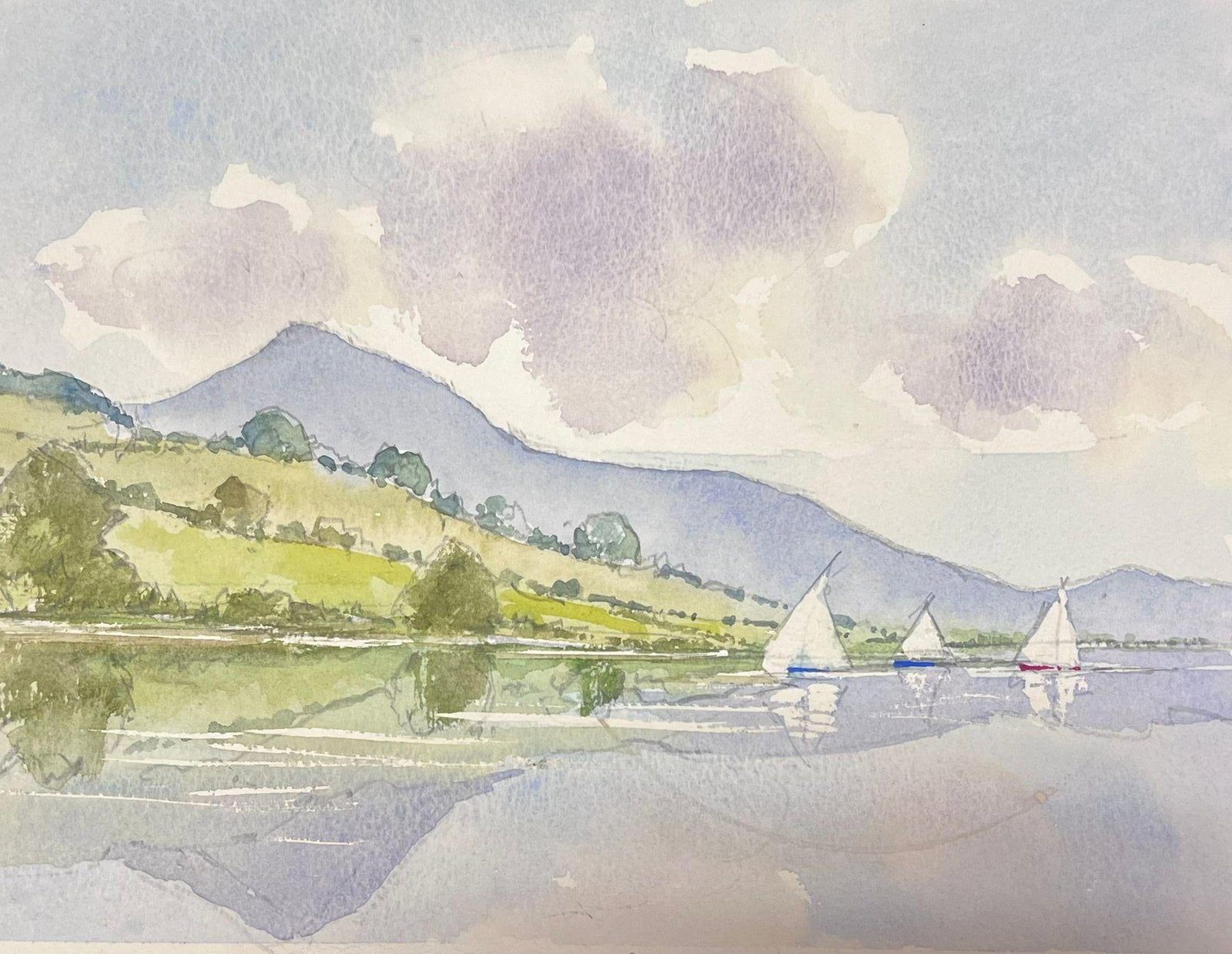 British Original Impressionist Watercolor Sailing Boats On Tranquil River: British Original Impressionist Watercolor Sailing Boats On Tranquil River by Anthony Avery (British 1946-2023). Original watercolor on artists paper, unframed. Paper dimensions: 10 x 14 inches. Condit