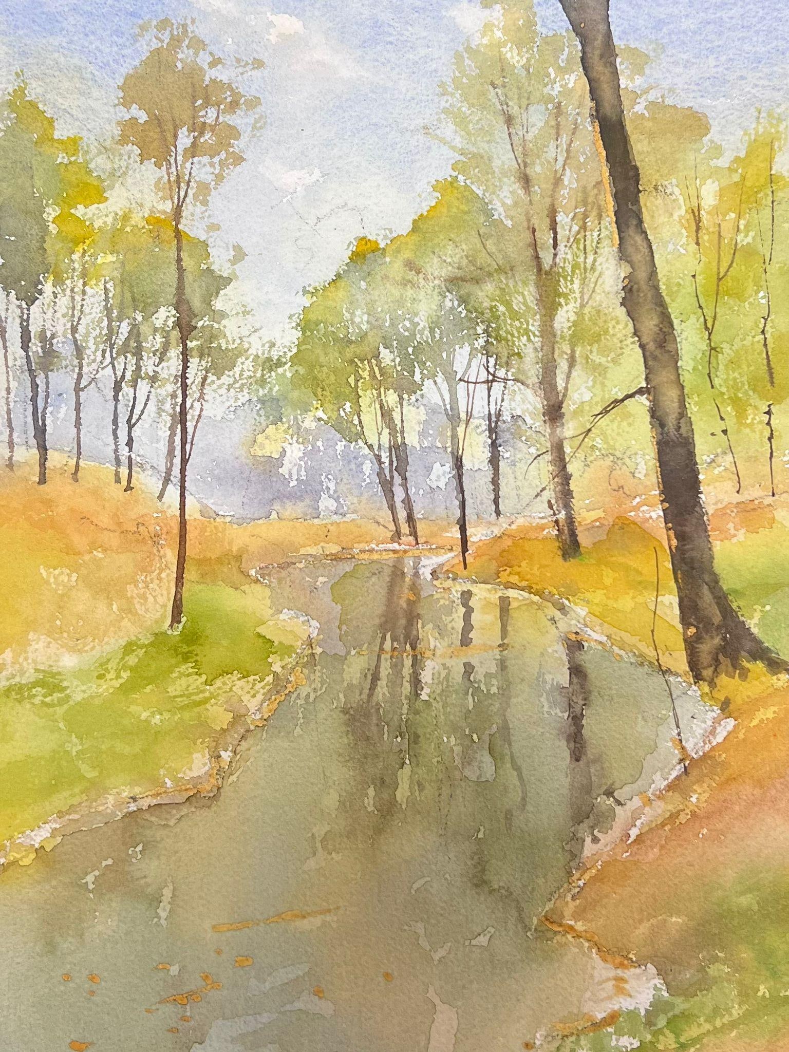 British Impressionist Watercolor Summer Stream Flowing Through Woodland (1 of 5)