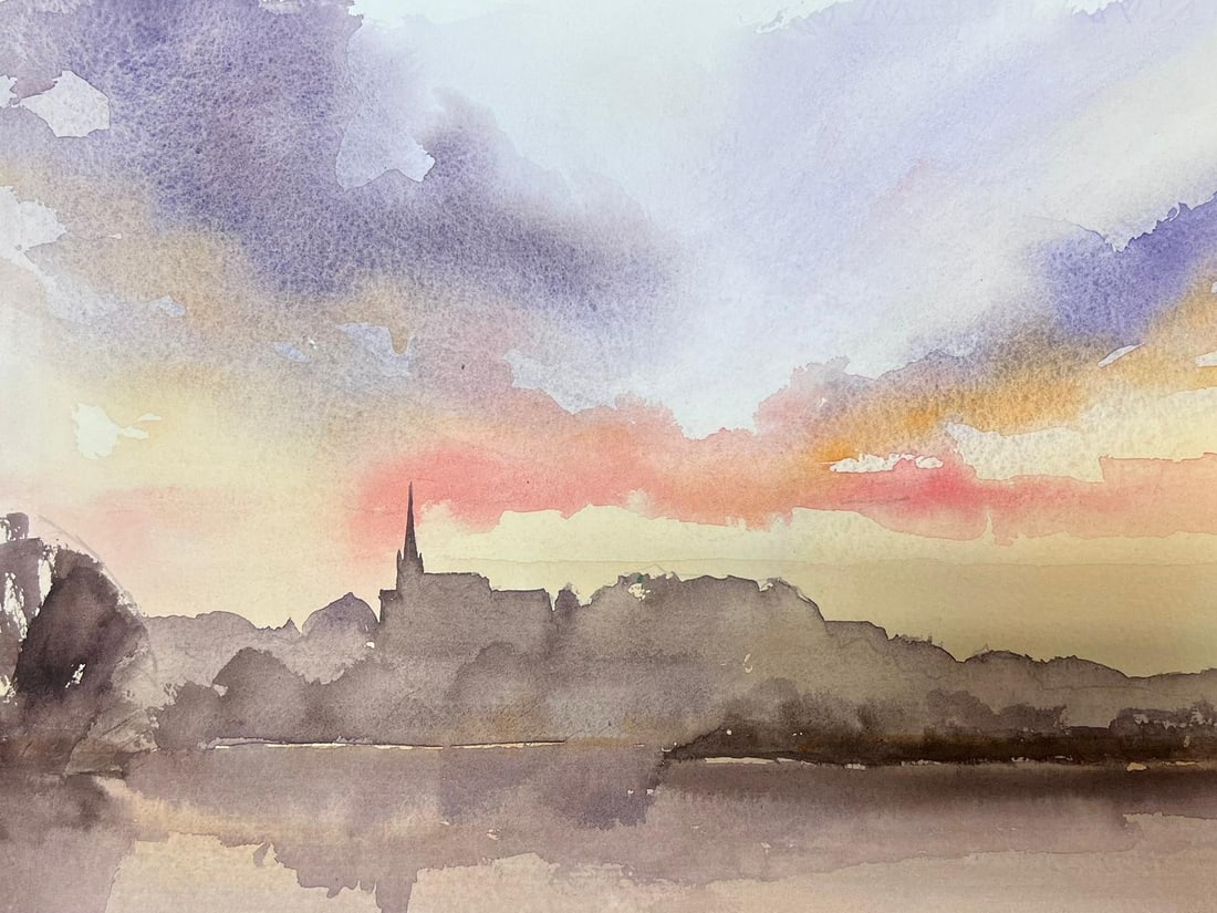 British Original Impressionist Watercolor Sunset Over Brown Town Landscape (1 of 6)