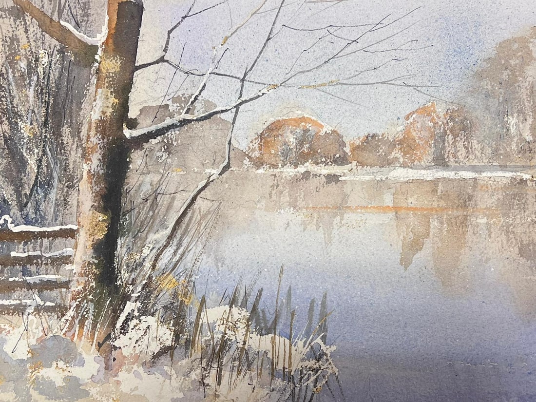 British Original Impressionist Watercolor Winter Snowy Lake (1 of 6)