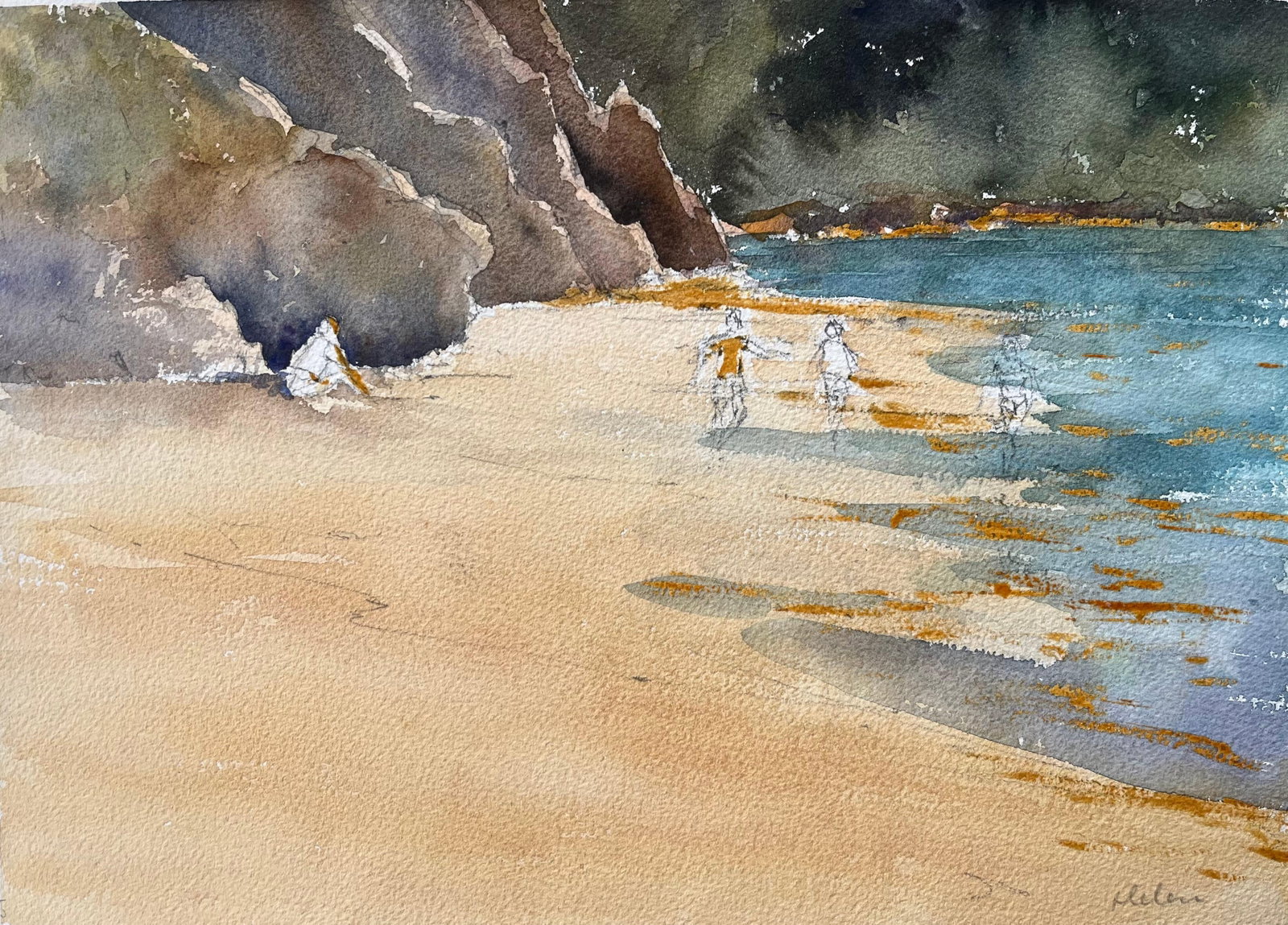 British Impressionist Watercolor of Secluded Beach with Figures by the Shore (1 of 6)