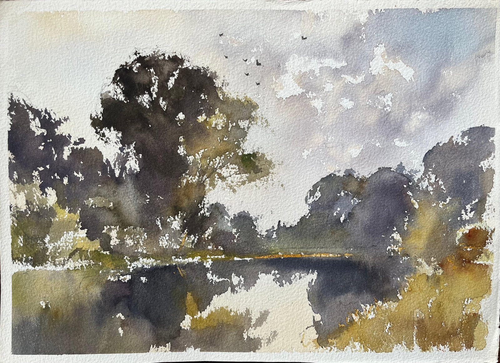 British Impressionist Watercolor of Trees Reflected in a Still Lake: British Impressionist Watercolor of Trees Reflected in a Still Lake by Anthony Avery (British 1946-2023). Original watercolor on artists paper, unframed. Dimensions: 11 x 15.5 inches. Condition: good,