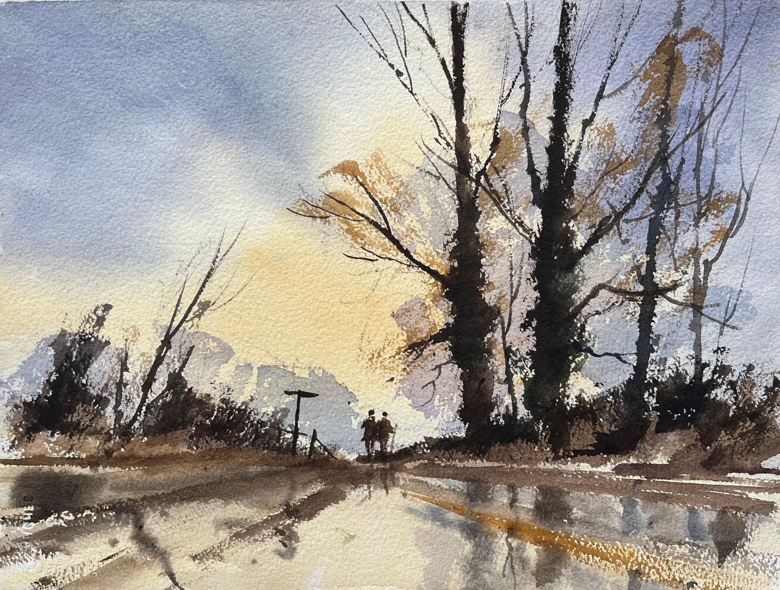 British Impressionist Watercolor of Figures on Country Road at Sunset (1 of 6)