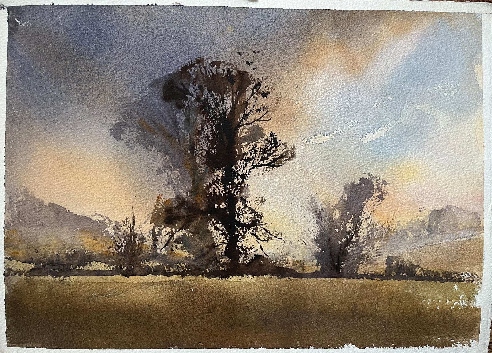 British Impressionist Watercolor of Tree Silhouette Against Dramatic Sunset (1 of 7)