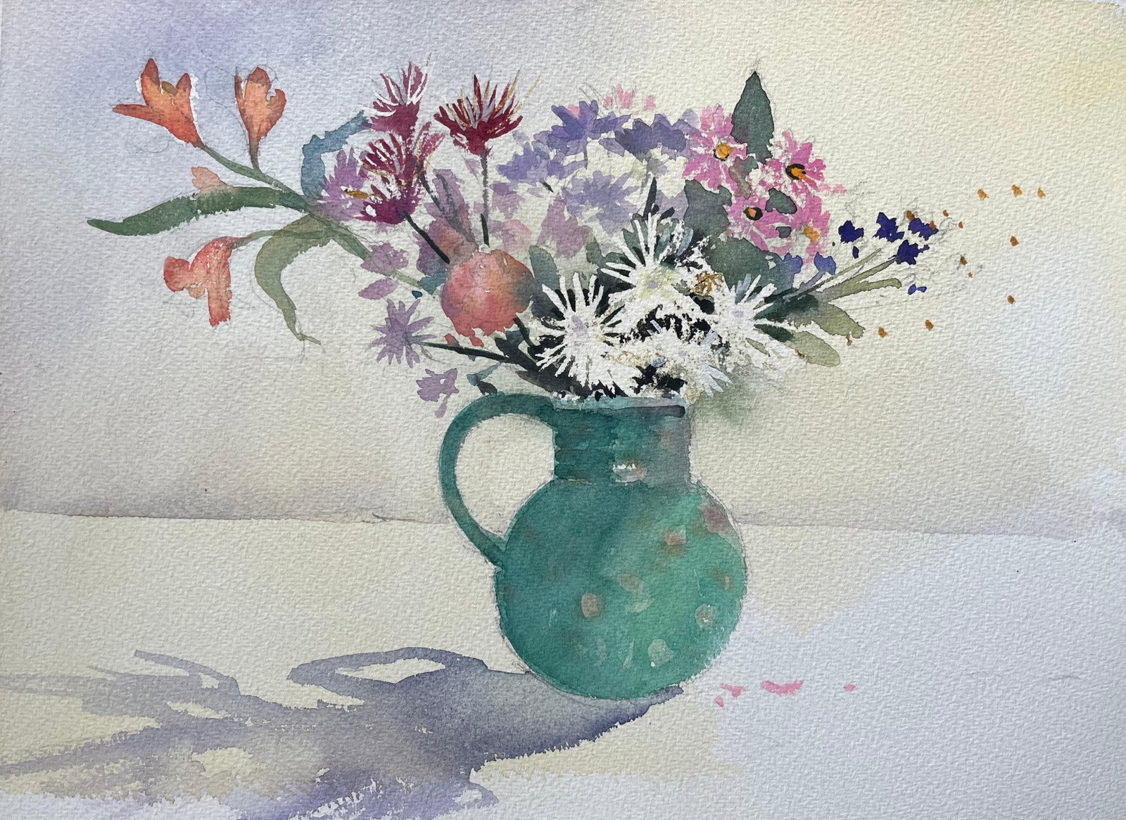 British Impressionist Watercolor Still Life of Floral Arrangement in Green Jug: British Impressionist Watercolor Still Life of Floral Arrangement in Green Jug by Anthony Avery (British 1946-2023). Original watercolor on artists paper, unframed. Dimensions: 11.25 x 15.25 inches. C