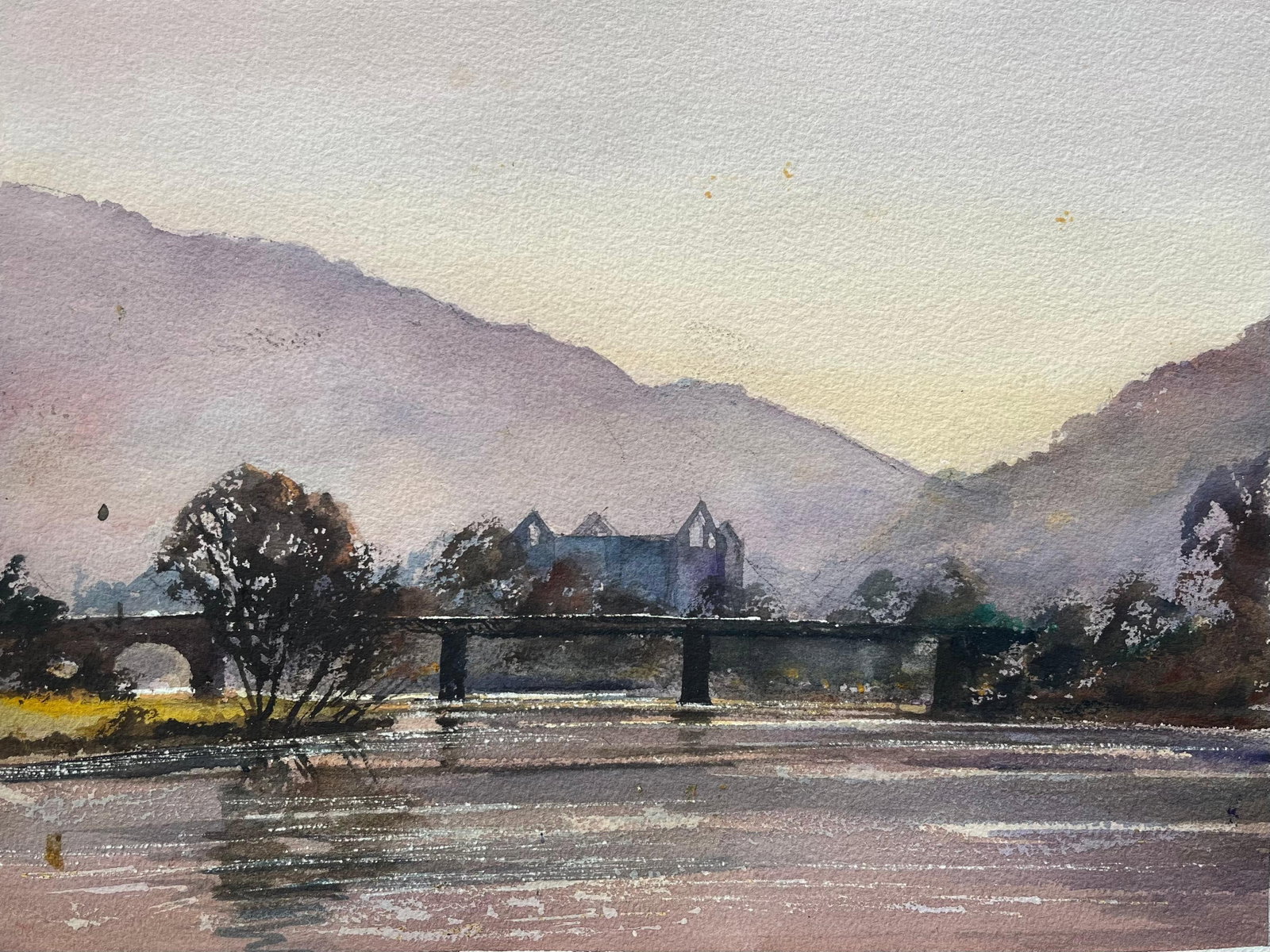 British Impressionist Watercolor of River and Distant Abbey: British Impressionist Watercolor of River and Distant Abbey by Anthony Avery (British 1946-2023). Original watercolor on artists paper, unframed. Dimensions: 11.25 x 15 inches. Condition: good, with m