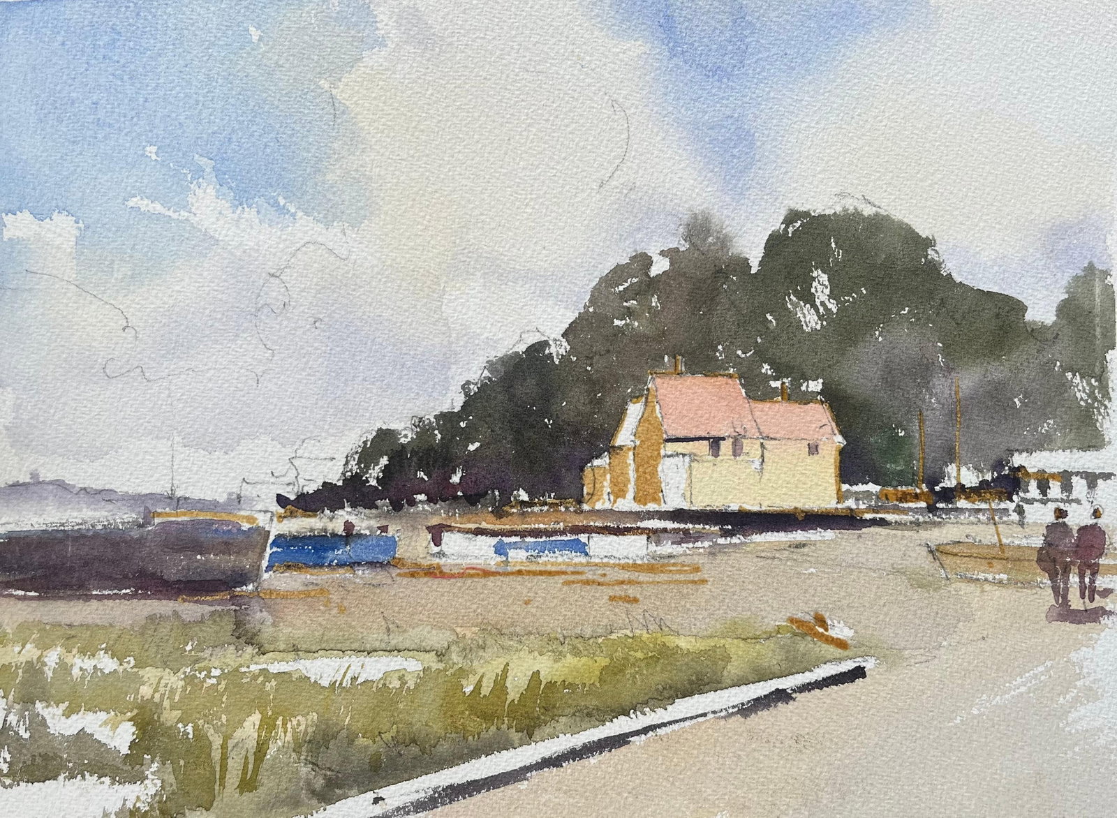 British Impressionist Watercolor of Riverside Cottage and Boats (1 of 6)