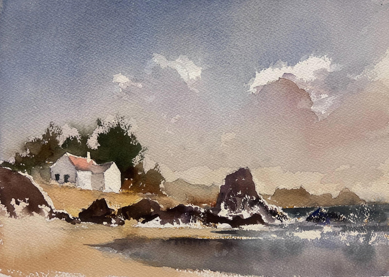 British Impressionist Watercolor White Coastal House Overlooking Sea (1 of 5)