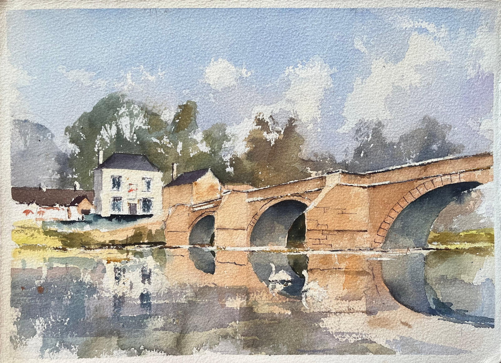 British Impressionist Watercolor of Historic Stone Bridge and Cottages: British Impressionist Watercolor of Historic Stone Bridge and Cottages by Anthony Avery (British 1946-2023). Original watercolor on artists paper, unframed. Dimensions: 11 x 15.25 inches. Condition: g