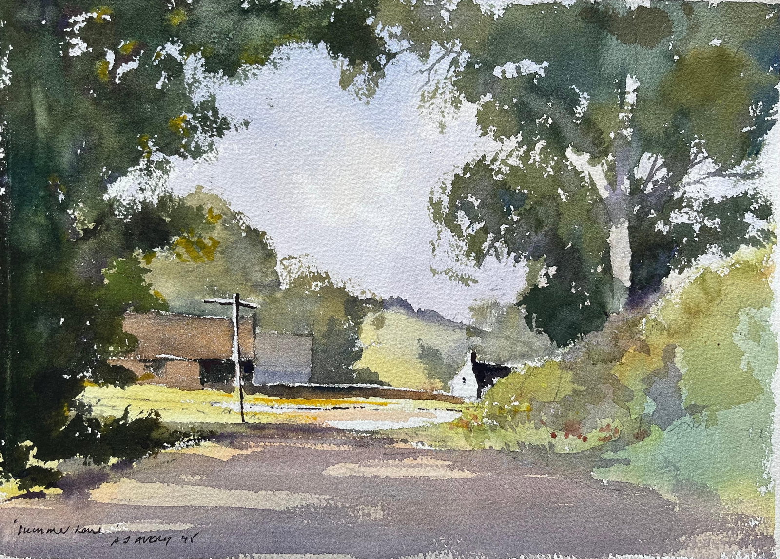 British Impressionist Watercolor of Summer Lane with Verdant Trees and Buildings (1 of 6)