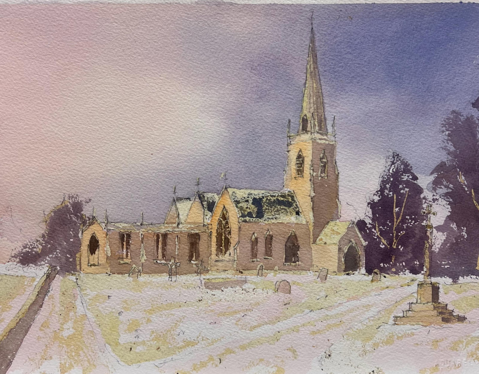 British Original Impressionist Watercolor English Parish Church Winter Snow (1 of 4)