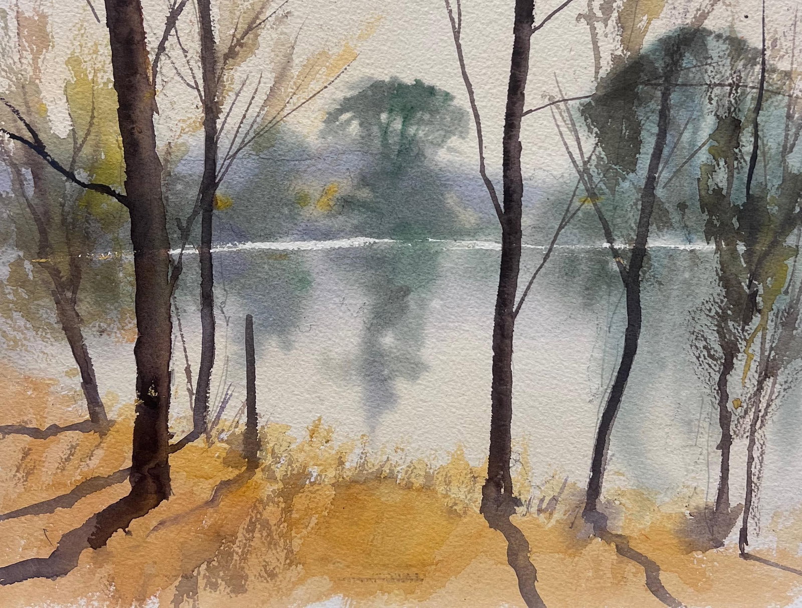 British Original Impressionist Watercolor Atmospheric Misty Lake Woodland View (1 of 5)