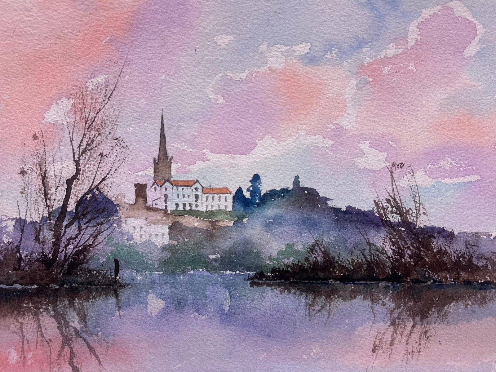 British Original Watercolor Pink and Purple Sunrise Over Church Town Reflection (1 of 3)