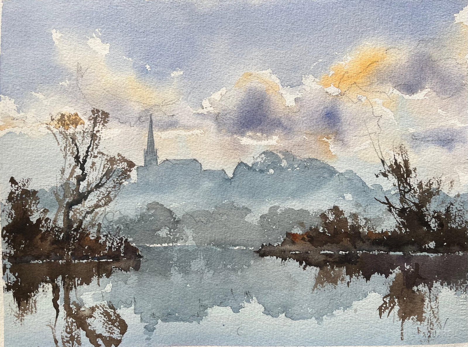 British Impressionist Watercolor of Misty Riverside with Church Spire Silhouette: British Impressionist Watercolor of Misty Riverside with Church Spire Silhouette by Anthony Avery (British 1946-2023). Original watercolor on artists paper, unframed. Dimensions: 11.25 x 15.25 inches.