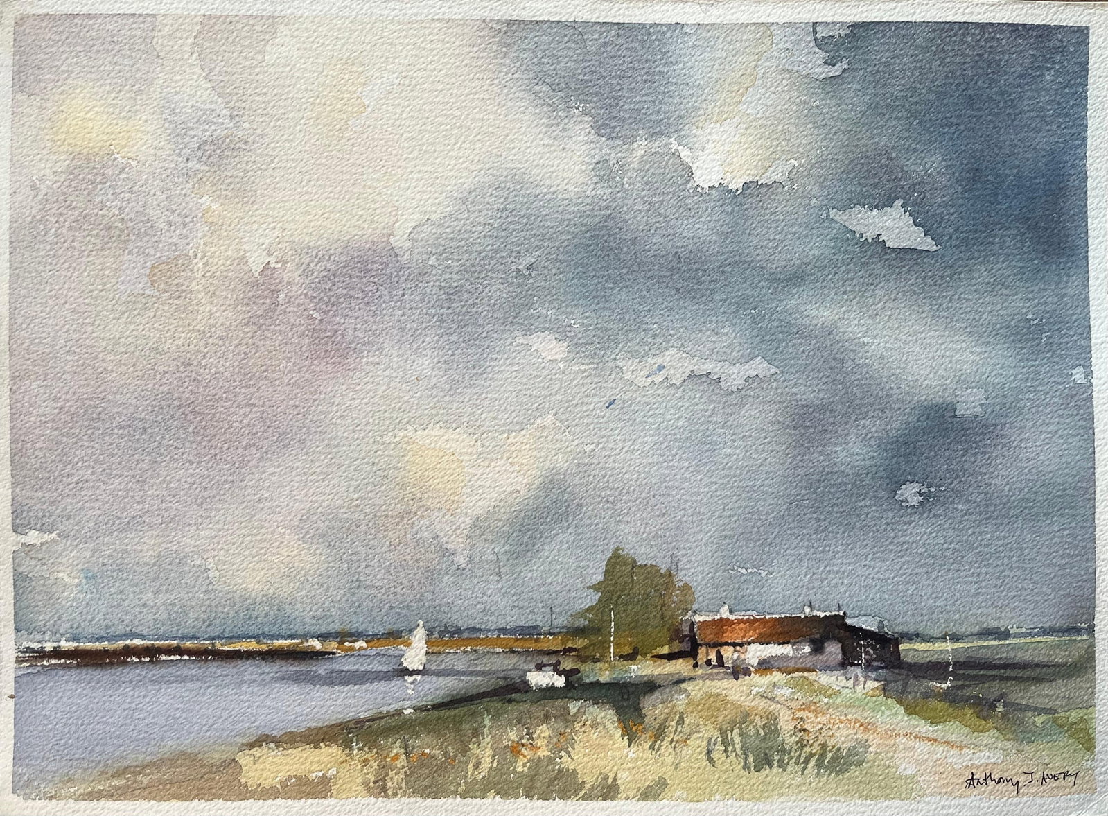 British Impressionist Watercolor of a Riverside Scene with Dramatic Sky (1 of 6)