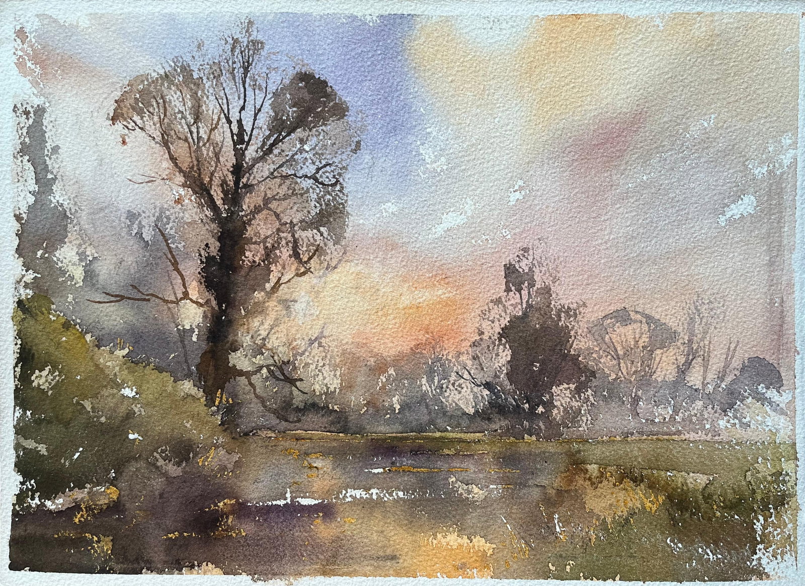 British Impressionist Watercolor of a Tranquil Sunset Over Calm Waters: British Impressionist Watercolor of a Tranquil Sunset Over Calm Waters by Anthony Avery (British 1946-2023). Original watercolor on artists paper, unframed. Dimensions: 11 x 15.25 inches. Condition: g