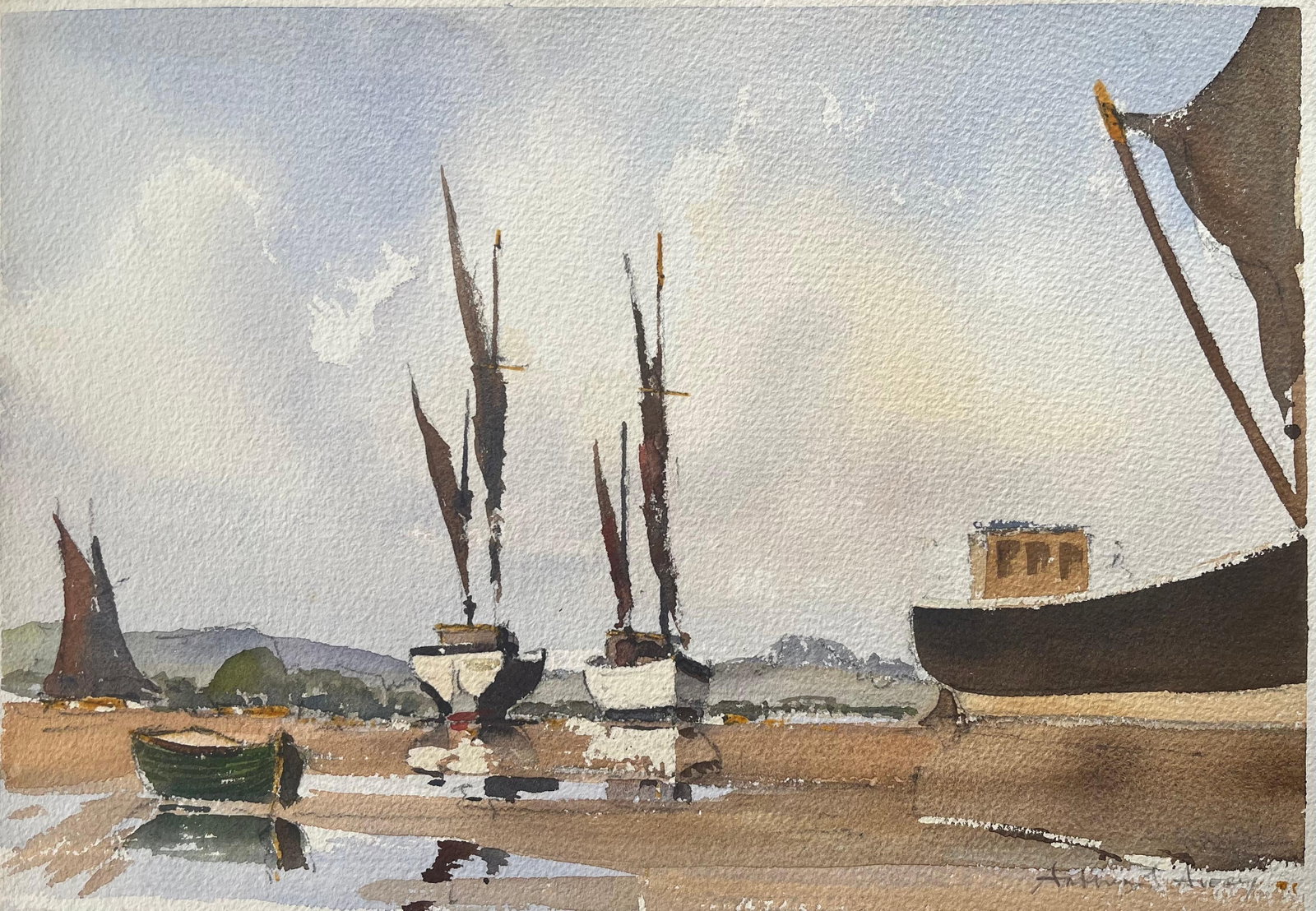 British Impressionist Watercolor of Sailboats at Low Tide (1 of 6)