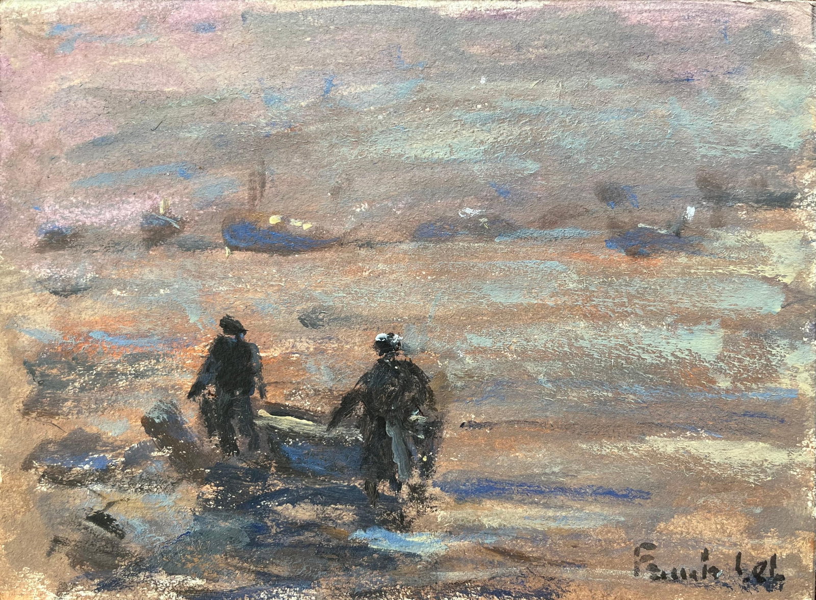 French Impressionist Twilight Gathering at Erquy Oil Painting: French Impressionist Oil Painting of Twilight Gathering at Erquy. Oil painting on board, unframed. Provenance: artist's estate collection. Fanch Lel was a French artist known for atmospheric depiction