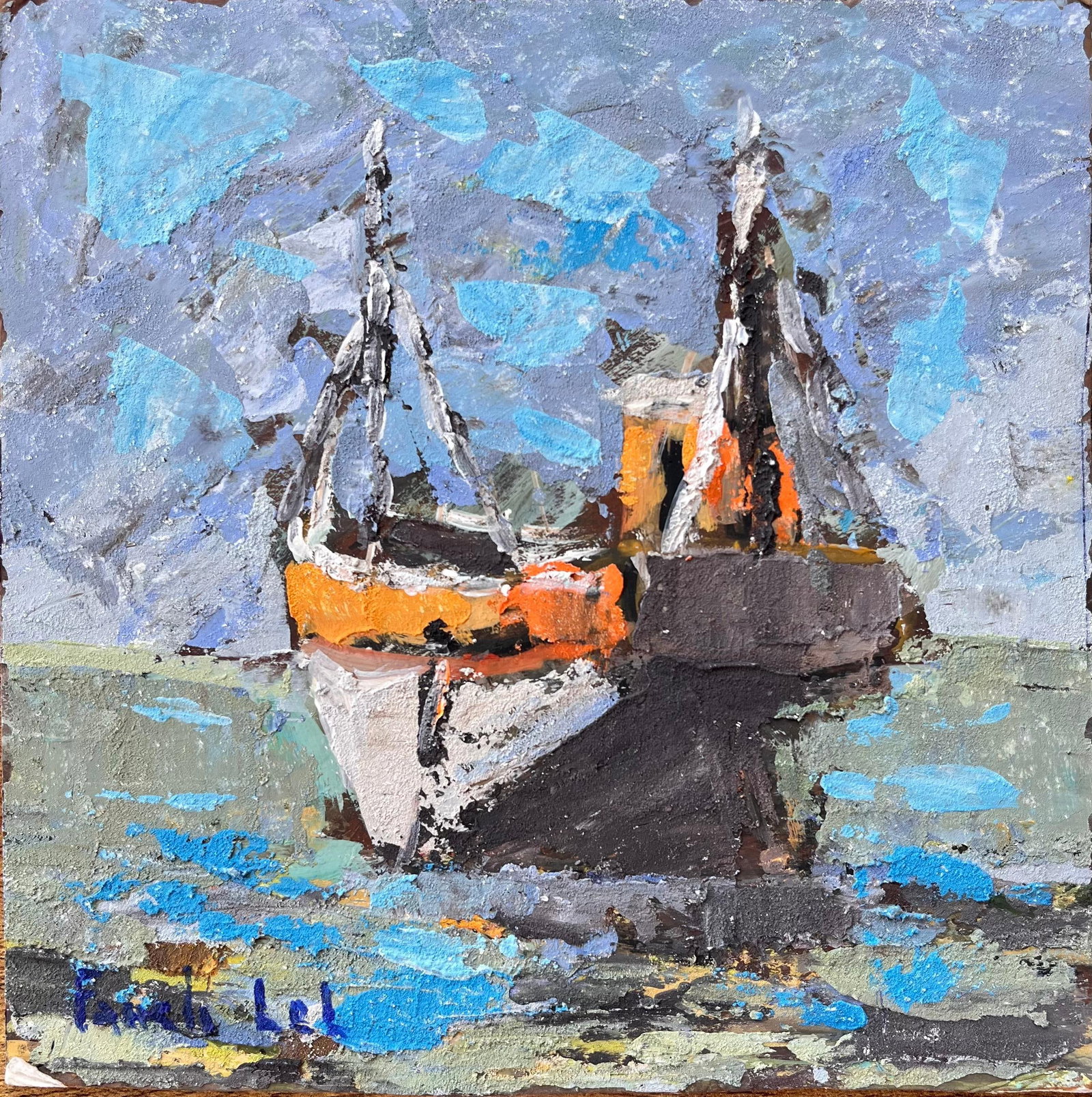 French Expressionist Moored Boats Erquy Brittany Oil Painting: French Expressionist Painting of Moored Boats in Erquy Brittany. Oil painting on cardboard, unframed. Provenance: artist's estate collection. Fanch Lel was a French artist known for atmospheric depict