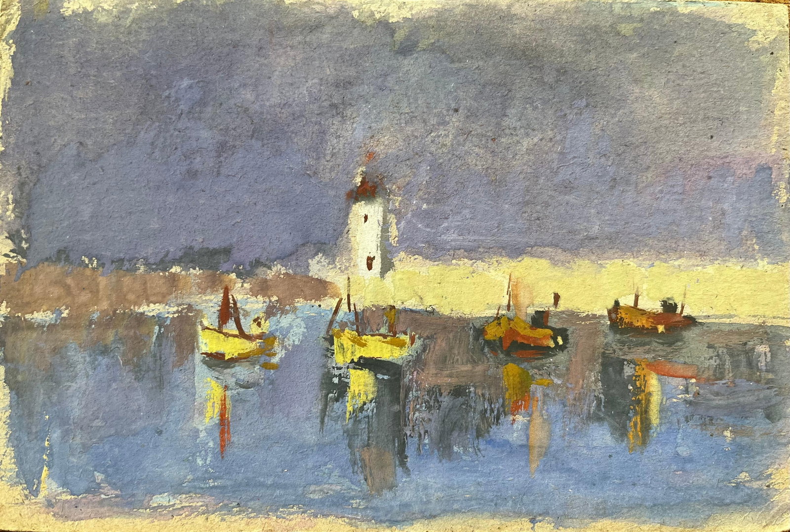 French Impressionist Boats in Harbor at Dusk Oil Painting: French Impressionist Oil Painting of Boats in a Harbor at Dusk. Oil painting on card, unframed. Provenance: artist's estate collection. Fanch Lel was a French artist known for atmospheric depictions o