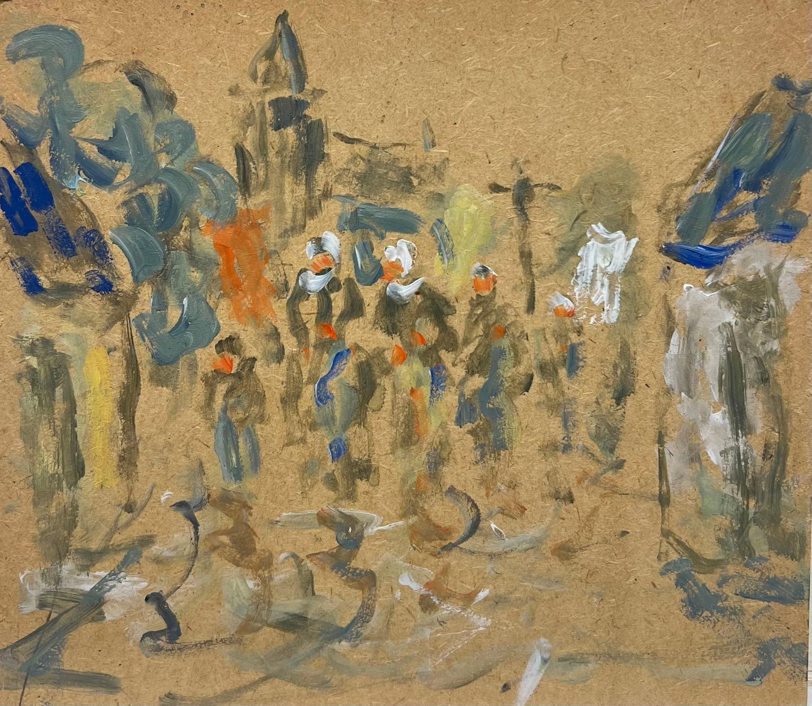 Abstract Village Scene with Figures Gouache Painting: Village Sceneby Fanch Lel (French b. 1930)size: 7 x 8.25 inchesinscribed versogouache painting on board, unframedcondition: the painting is in very good condition. It has previously been stored in the