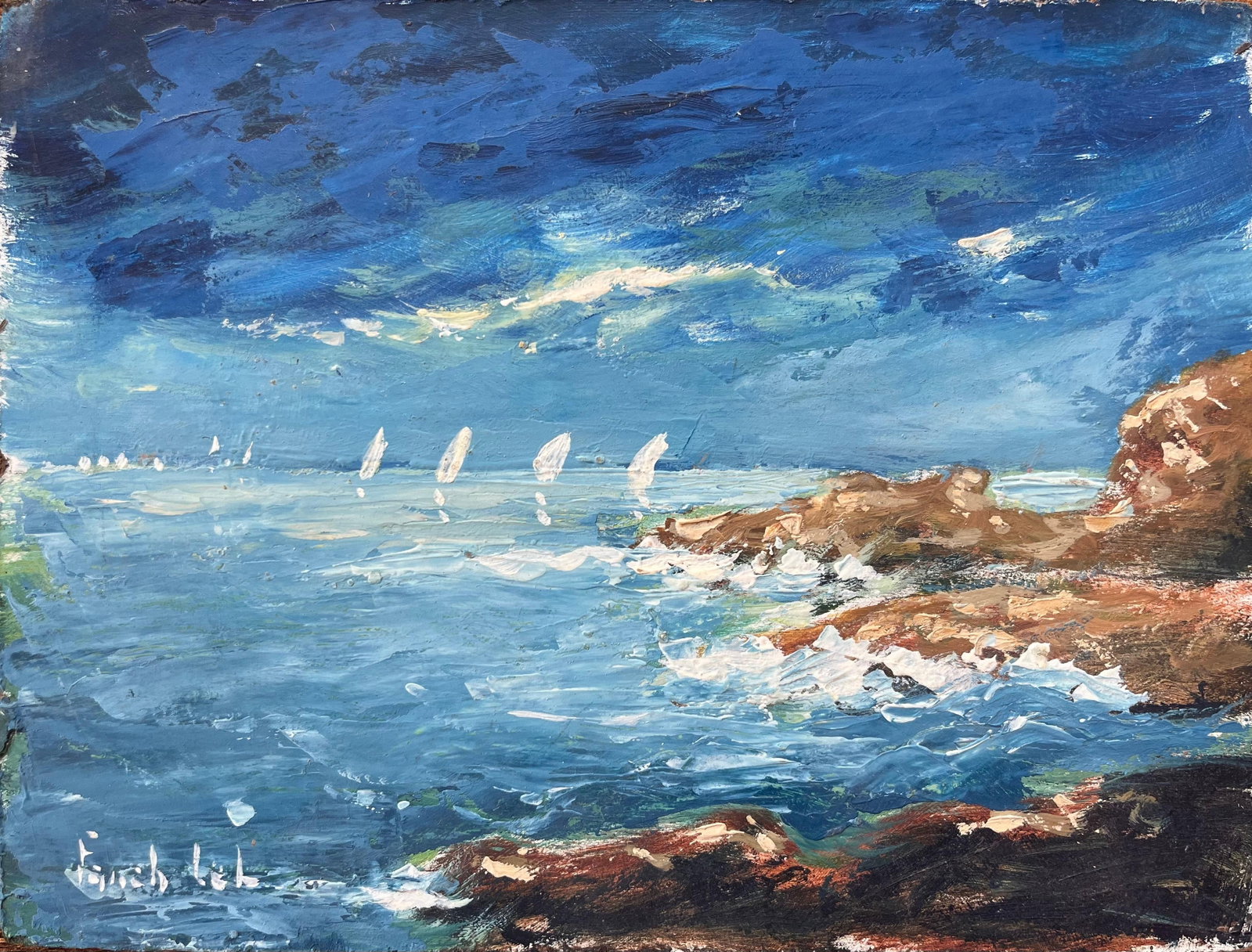 French Impressionist Coastal Scene Sailboats Oil Painting: French Impressionist Oil Painting of a Coastal Scene with Sailboats. Oil painting on board, unframed. Provenance: artist's estate collection. Fanch Lel was a French artist known for atmospheric depict