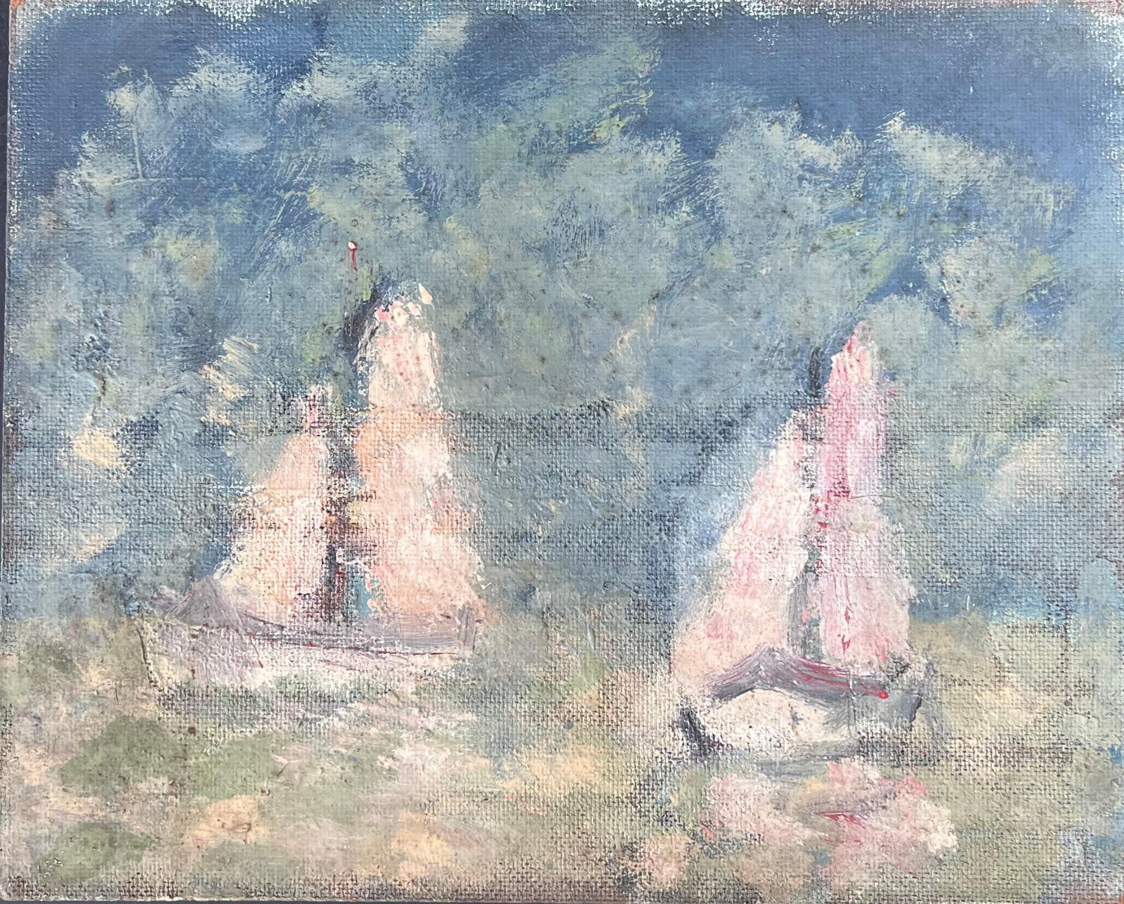 White Sailing Boats Summer Blue Seas French Oil Painting: White Sailing Boats In Summer Blue Cloudy Seas Impressionist French Oil Painting. Oil painting on board, unframed. Provenance: artist's estate collection. Fanch Lel was a French artist known for atmos