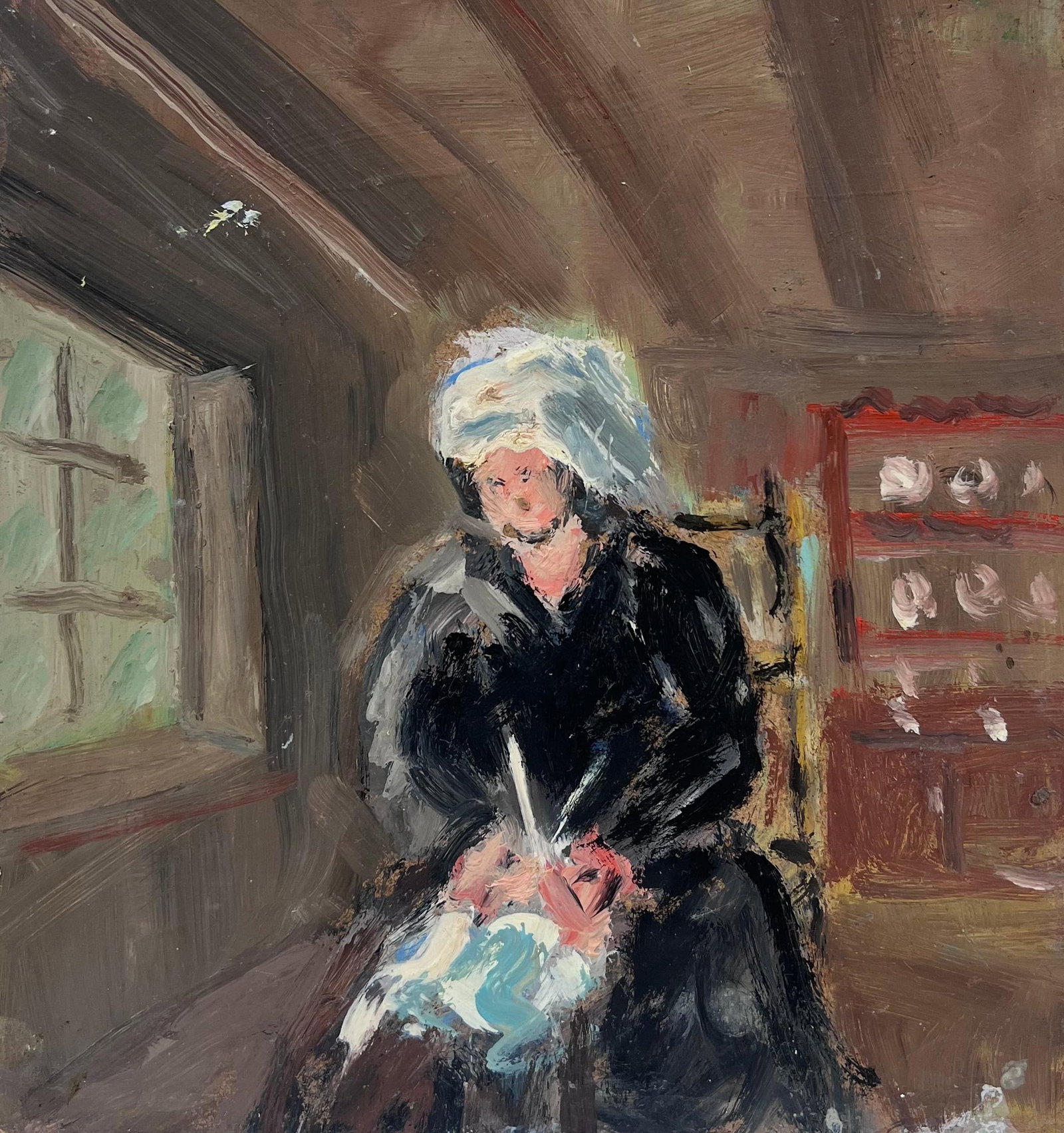 Woman Knitting Rustic Cottage Interior French Oil Painting: Woman Knitting in a Rustic Cottage Interior Painting Original French Oil. Oil painting on board, unframed. Provenance: artist's estate collection. Fanch Lel was a French artist known for atmospheric d