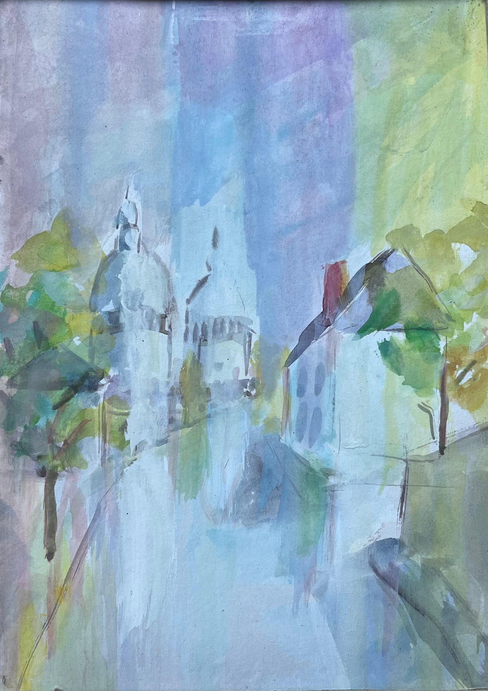 French Watercolour Basilica Canal Street Pastel Tones: French Watercolour of Basilica and Canal Street in Pastel Tones with Mount. Watercolor painting on paper mounted, unframed. Provenance: artist's estate collection. Fanch Lel was a French artist known 