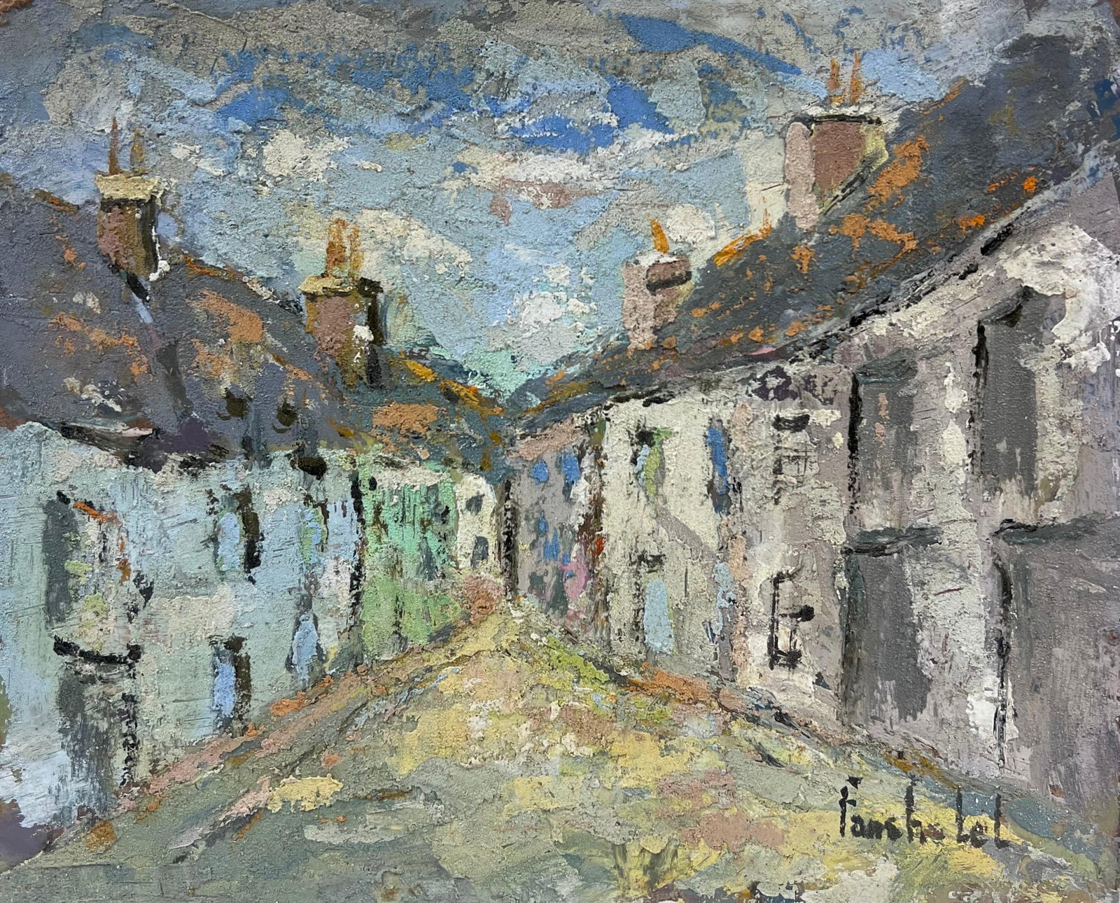 Quiet Village Lane Textured Colour and Light French Oil Painting: Quiet Village Lane in Textured Color and Light Original French Painting. Oil painting on board, unframed. Provenance: artist's estate collection. Fanch Lel was a French artist known for atmospheric de