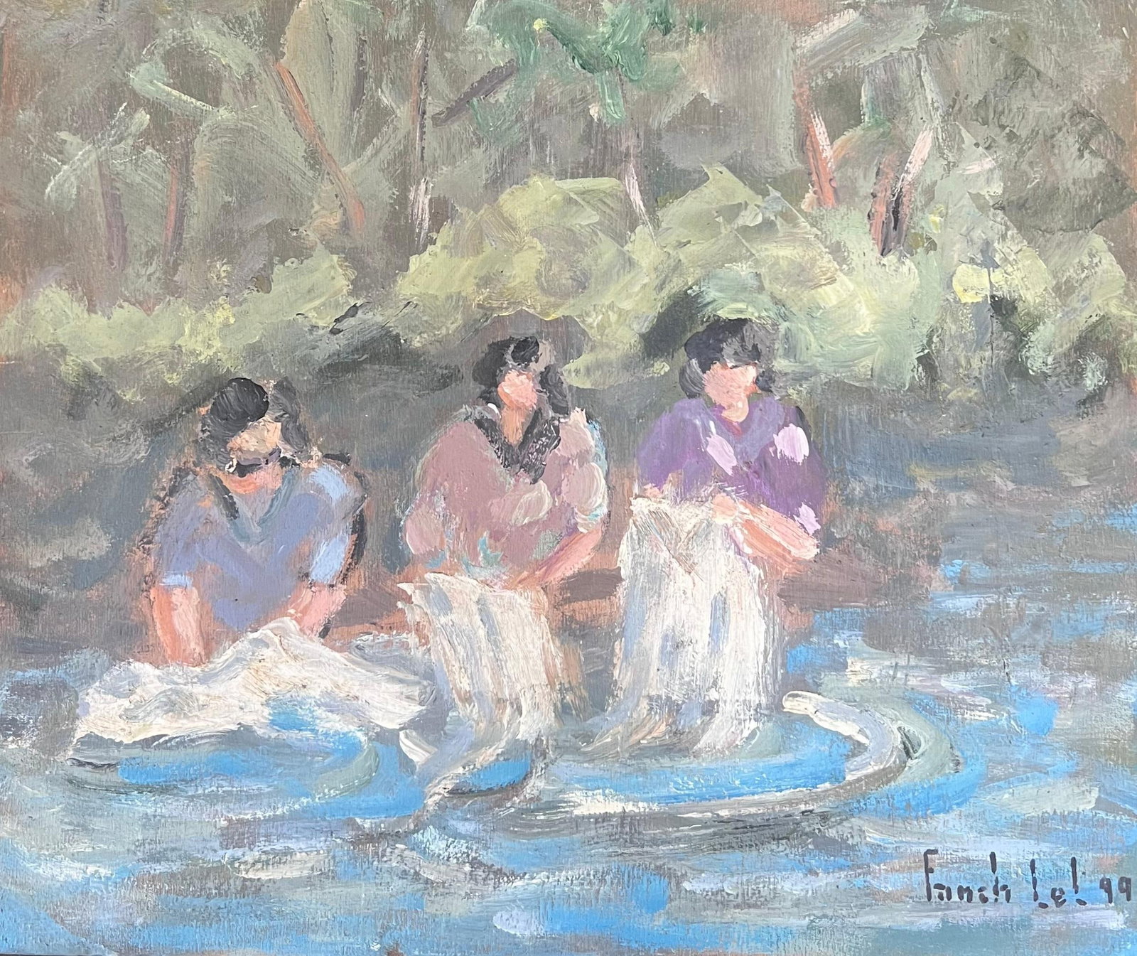 Maids Washing Clothes in Stream French Landscape Oil Painting (1 of 8)