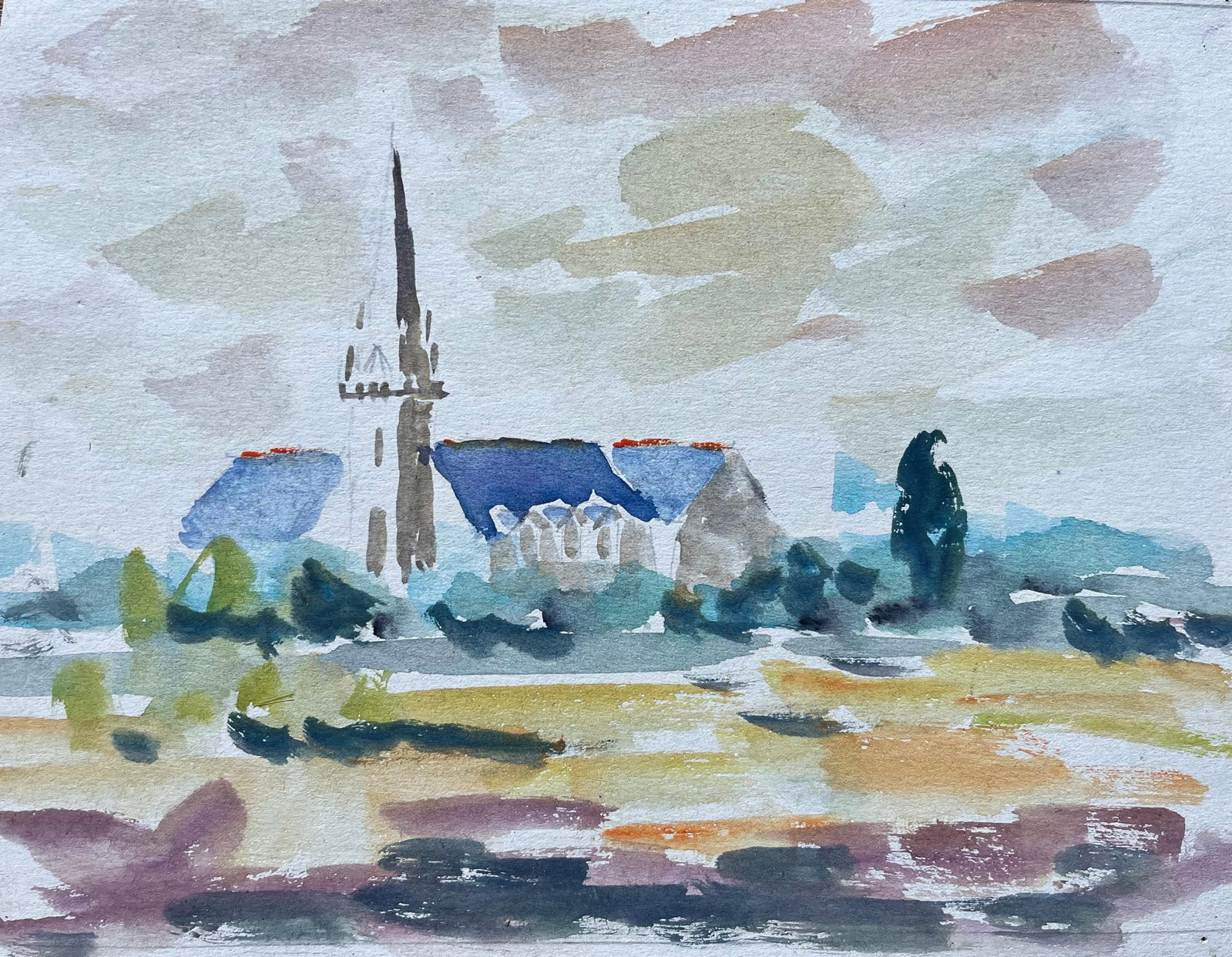 French Watercolour Countryside Church Blue Roofs Tall Spire: Original watercolor painting on card by Fanch Lel depicting a countryside church with blue roofs and a tall spire. A decorative French Impressionist work with expressive handling, soft colour and stro