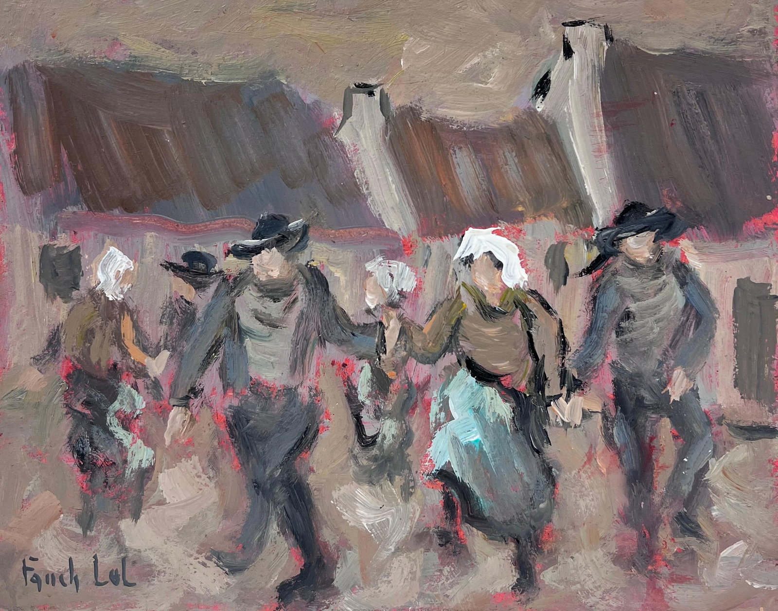 Traditional Village Dance Figures Rustic Courtyard: Original oil painting on board by Fanch Lel depicting figures dancing in a rustic village courtyard. A decorative French Impressionist work with expressive handling, soft colour and strong atmospheric