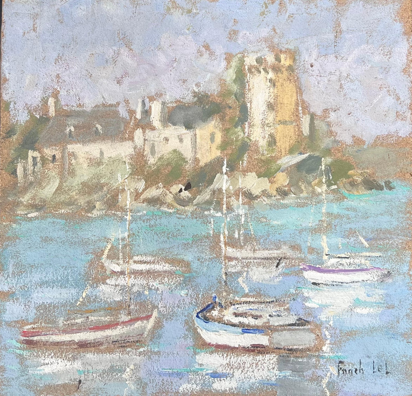 Still Fishing Harbour Montauban French Oil Painting: Original oil painting on thick board by Fanch Lel depicting boats in the still fishing harbour of Montauban France. A decorative French Impressionist work with expressive handling, soft colour and str