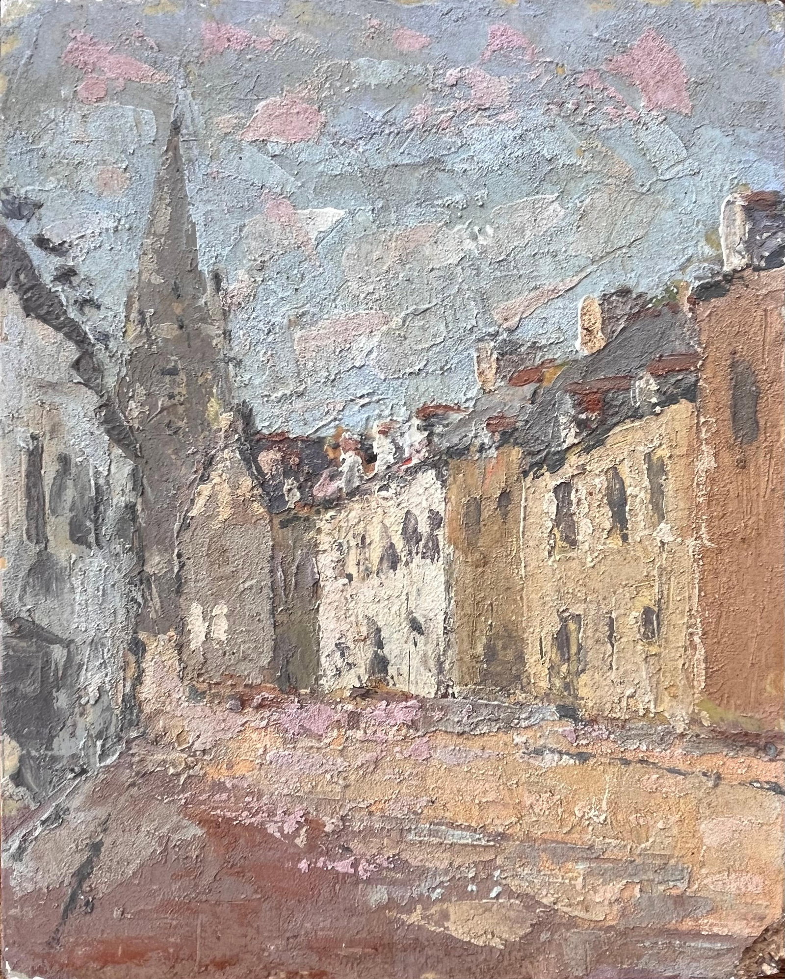 Textured Impressionist Street Scene Church Spire Warm Light: Original oil on board by Fanch Lel depicting a textured street scene with church spire in warm afternoon light. A decorative French Impressionist work with expressive handling, soft colour and strong 