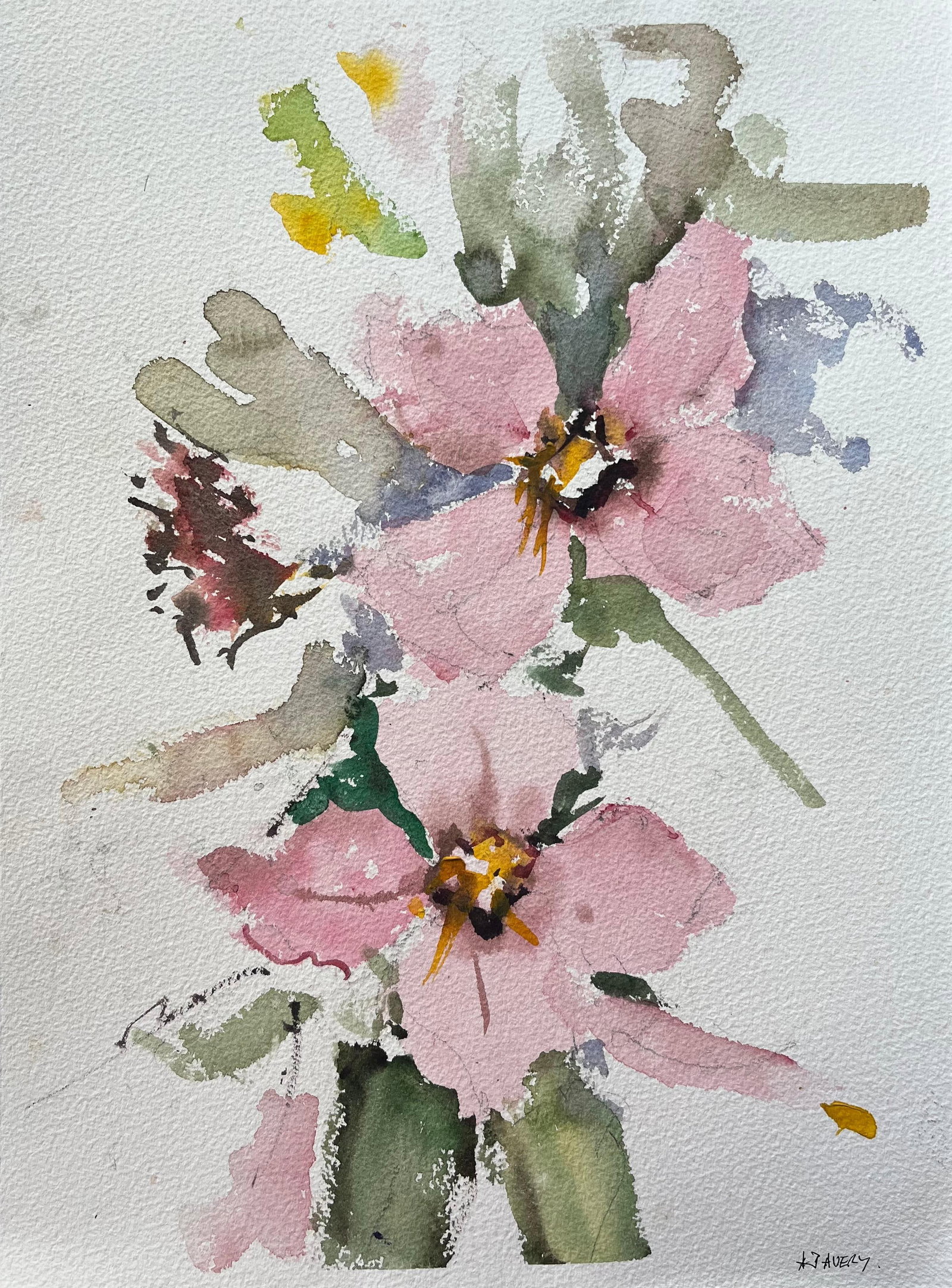 British Impressionist Watercolor Pink Floral Arrangement: Original watercolor on artists paper by Anthony Avery depicting a loose floral arrangement of pink blooms. A lively British Impressionist watercolor with expressive brushwork, atmospheric light and ap
