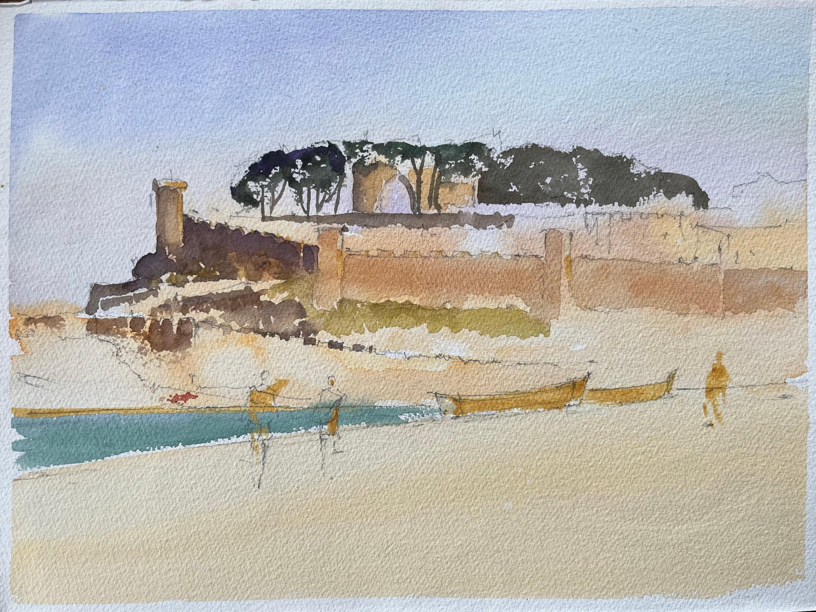 British Impressionist Watercolor Coastal Fort Boats Shore: Original watercolor on artists paper by Anthony Avery depicting a coastal fort with boats on the shore. A lively British Impressionist watercolor with expressive brushwork, atmospheric light and appea