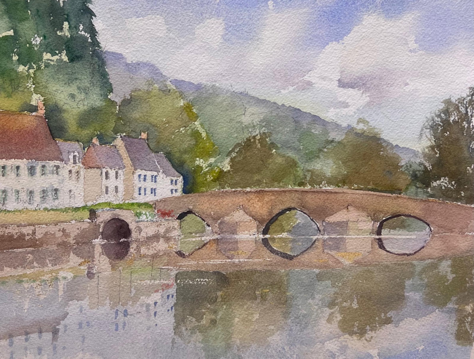 British Impressionist Watercolor River Old Stone Bridge: Original watercolor on artists paper by Anthony Avery depicting a river landscape with an old stone bridge. A lively British Impressionist watercolor with expressive brushwork, atmospheric light and a