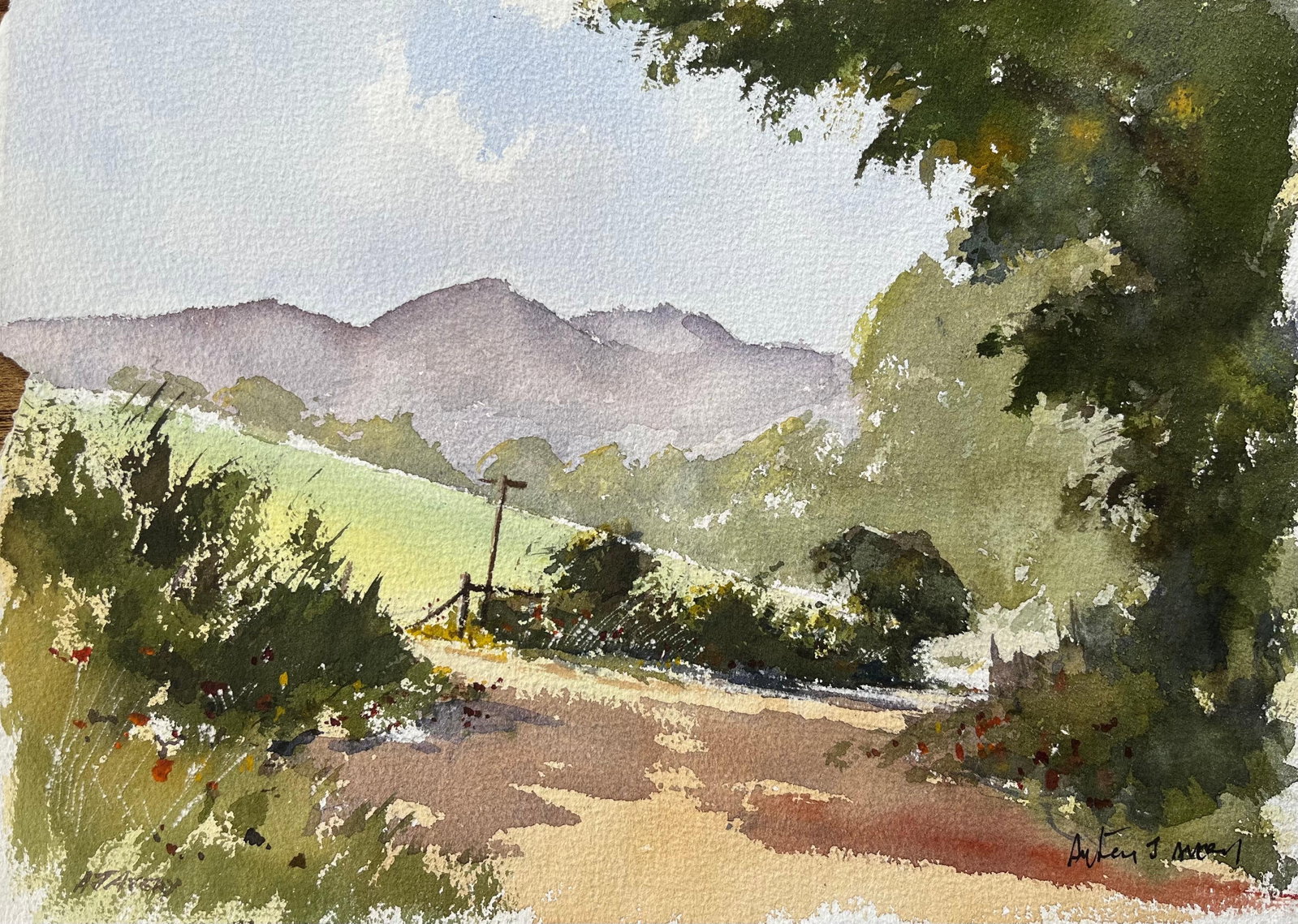British Impressionist Watercolor Country Lane Distant Hills: Original watercolor on artists paper by Anthony Avery depicting a country lane with distant hills. A lively British Impressionist watercolor with expressive brushwork, atmospheric light and appealing 