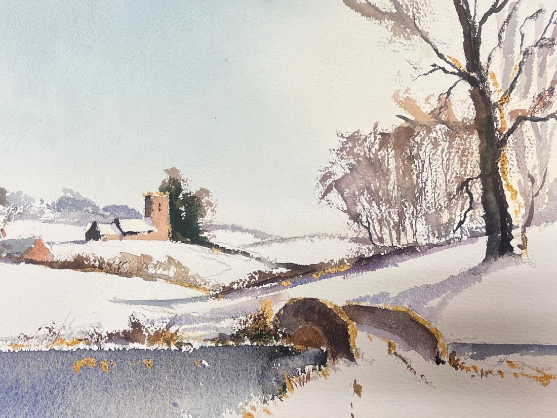 Snow Covered Village Bridge Landscape Watercolor: Original watercolor on artists paper by Anthony Avery depicting a snow covered village bridge landscape. Unframed. From a large collection of the artists work held in England. The work shows Averys lo