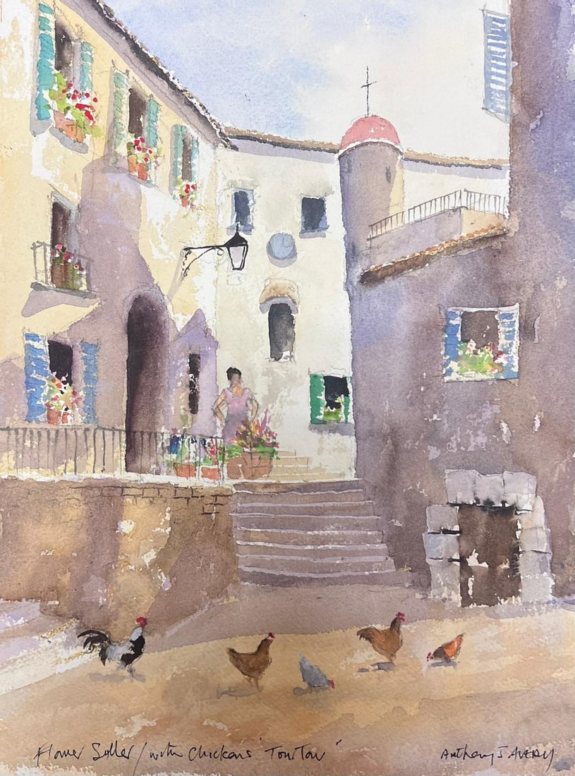 Chickens Summer Day Courtyard Watercolor: Original watercolor on artists paper by Anthony Avery depicting chickens in a summer courtyard. Unframed. From a large collection of the artists work held in England. The work shows Averys loose Impre