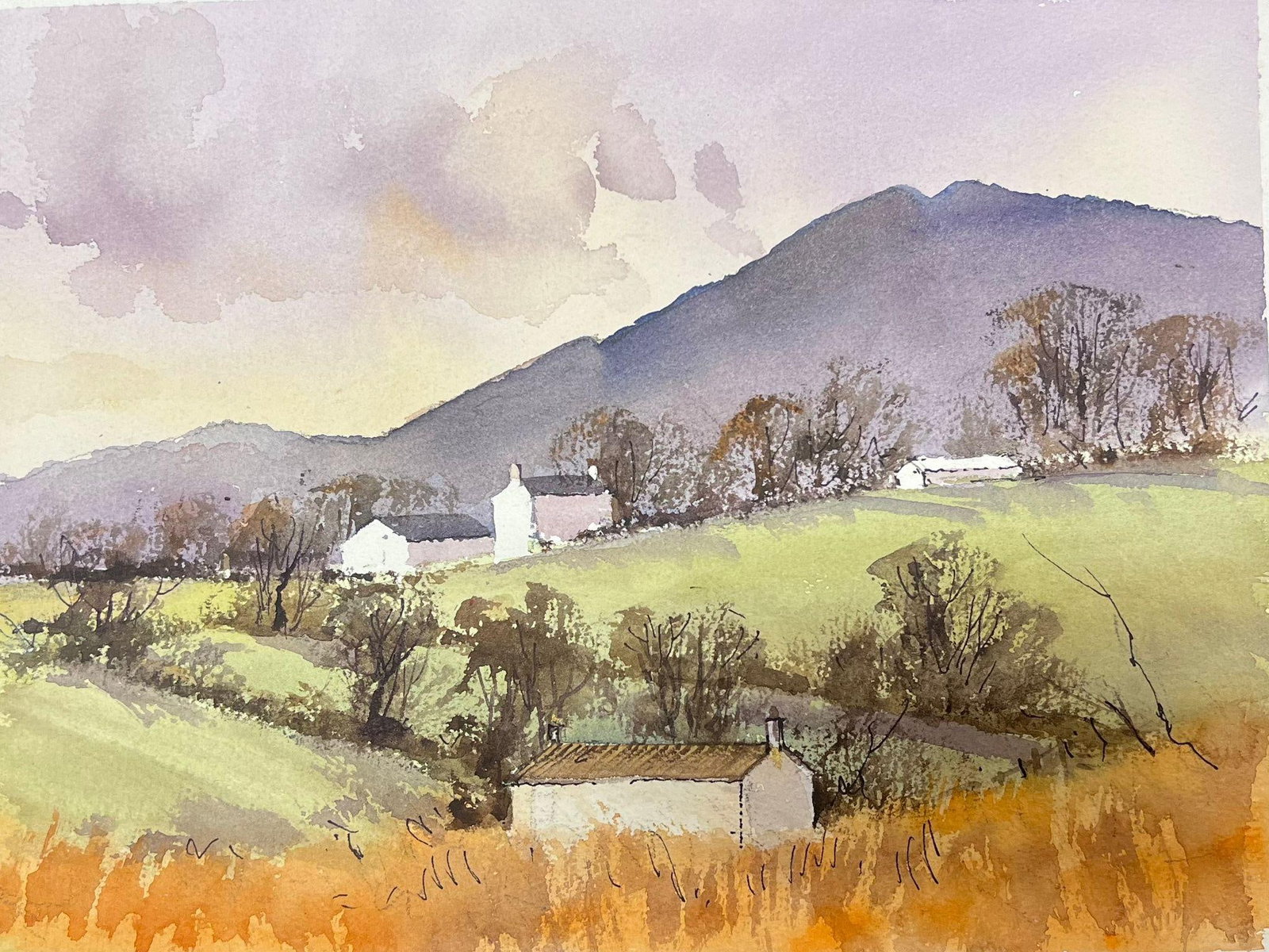 White Houses Purple Mountain Landscape Watercolor: Original watercolor on artists paper by Anthony Avery depicting white houses below a purple mountain landscape. Unframed. From a large collection of the artists work held in England. The work shows Av