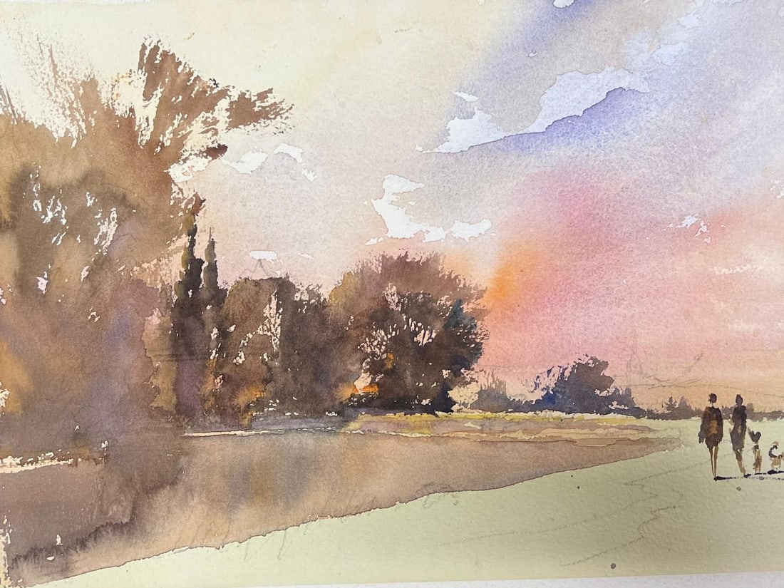 Family Walking At Dusk Landscape Watercolor: Original watercolor on artists paper by Anthony Avery depicting a family walking at dusk beside a river. Unframed. From a large collection of the artists work held in England. The work shows Averys lo