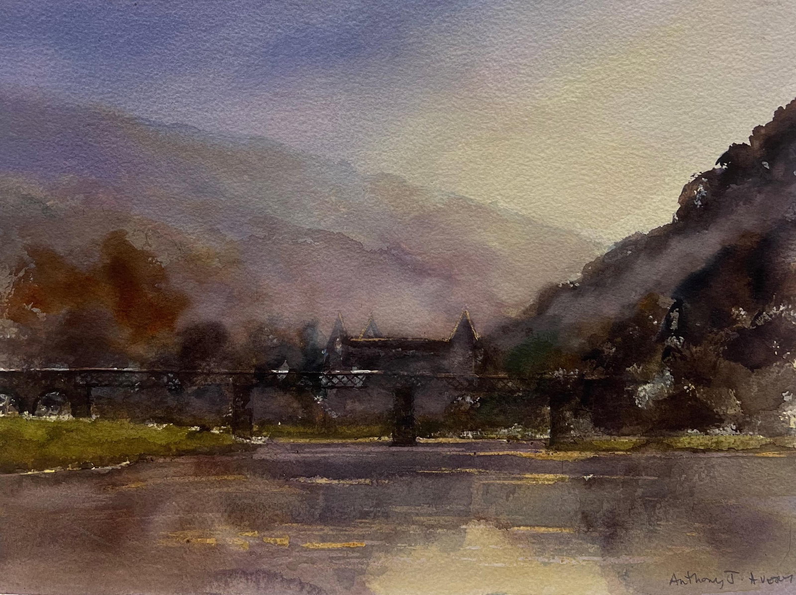 Atmospheric River Old Bridge Landscape Watercolor (1 of 6)