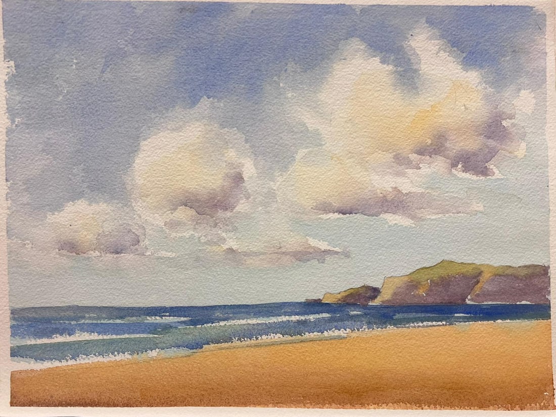 Sandy Beach Coastal Landscape Watercolor: Original watercolor on artists paper by Anthony Avery depicting a sandy beach coastal landscape. Unframed. From a large collection of the artists work held in England. The work shows Averys loose Impr