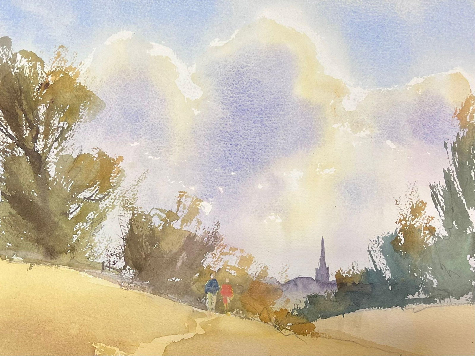 Figures Walking Country Path Watercolor: Original watercolor on artists paper by Anthony Avery depicting figures walking along a country path. Unframed. From a large collection of the artists work held in England. The work shows Averys loose